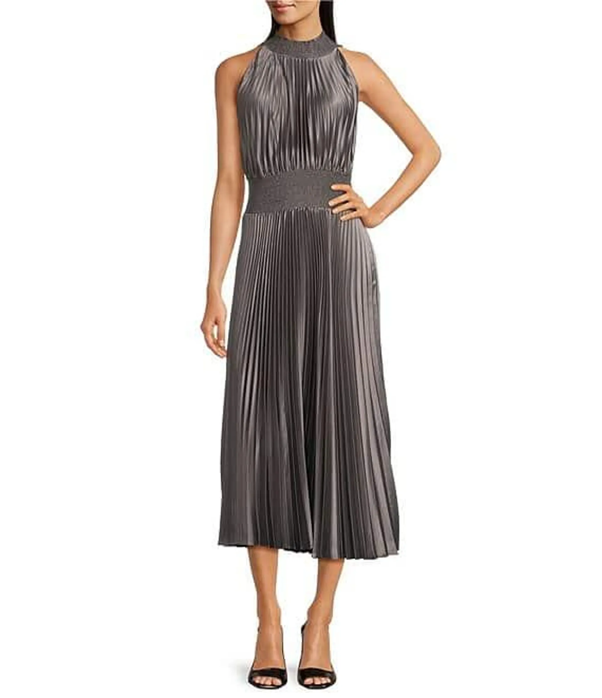 Sleeveless Halter Mock Neck Smocked Pleated Crepe Chiffon A-Line Midi Dress