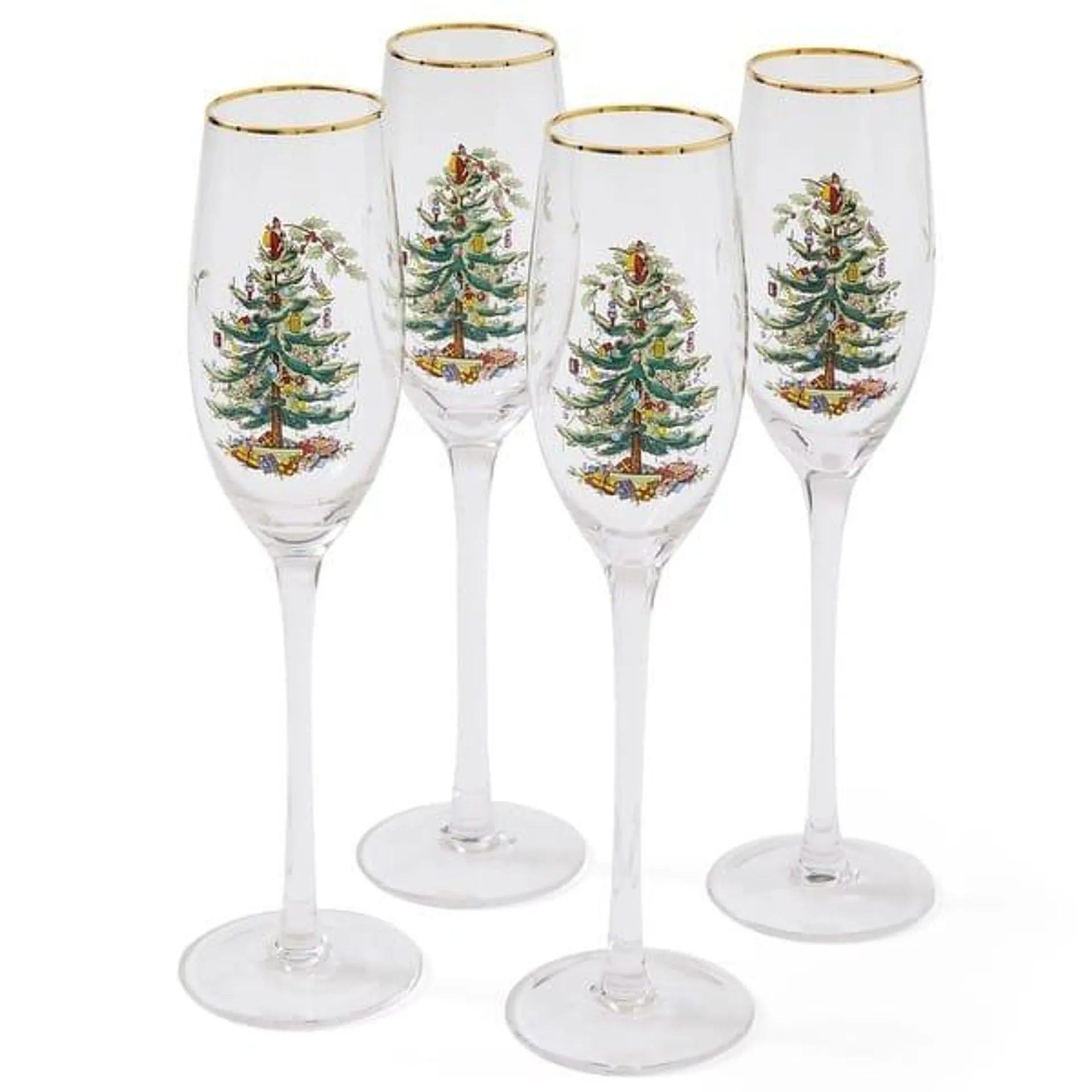 Spode Set of 4 Christmas Tree Champagne Flutes - 2.75" D x 10.25" H