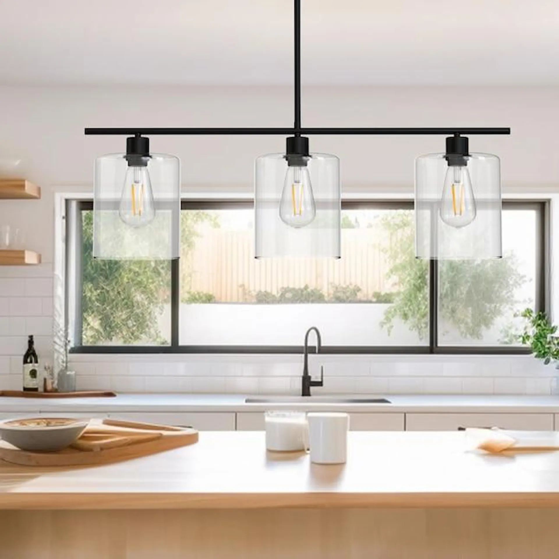 YANSUN 3-Light Black Modern/Contemporary Clear Glass Linear LED Large Hanging Kitchen Island Light