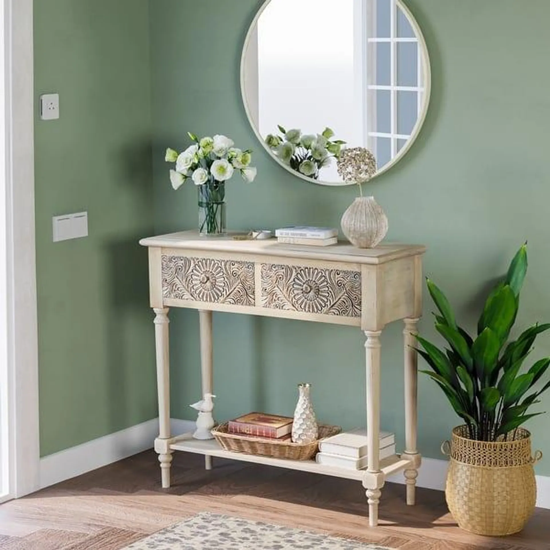 COSIEST Vintage Solid Wood 2-Drawers Console Table-31.5"W x 12"L x 30"H - 31.5"W x 12"D x 30"H