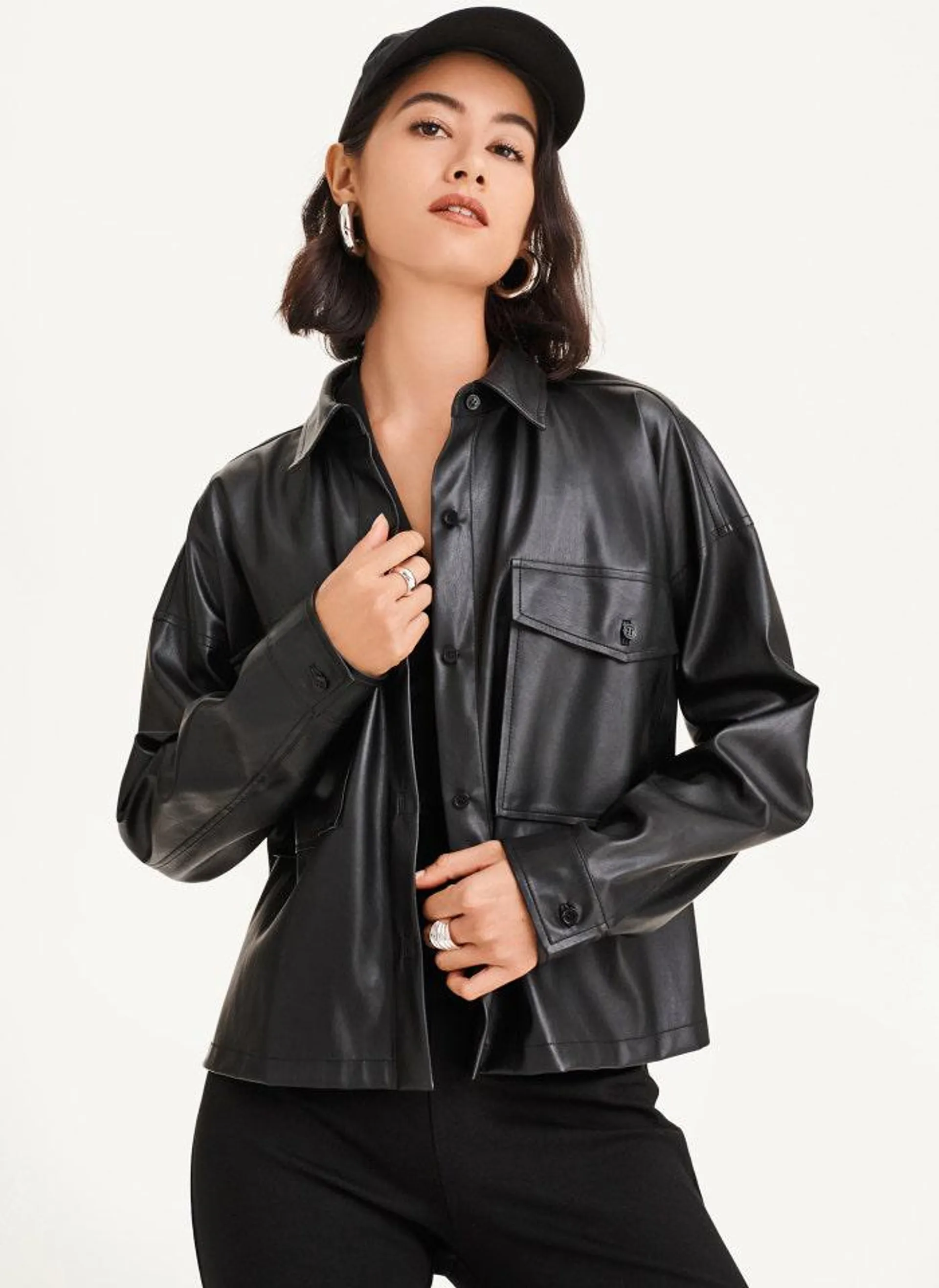 Faux Leather Cropped Shirt Jacket