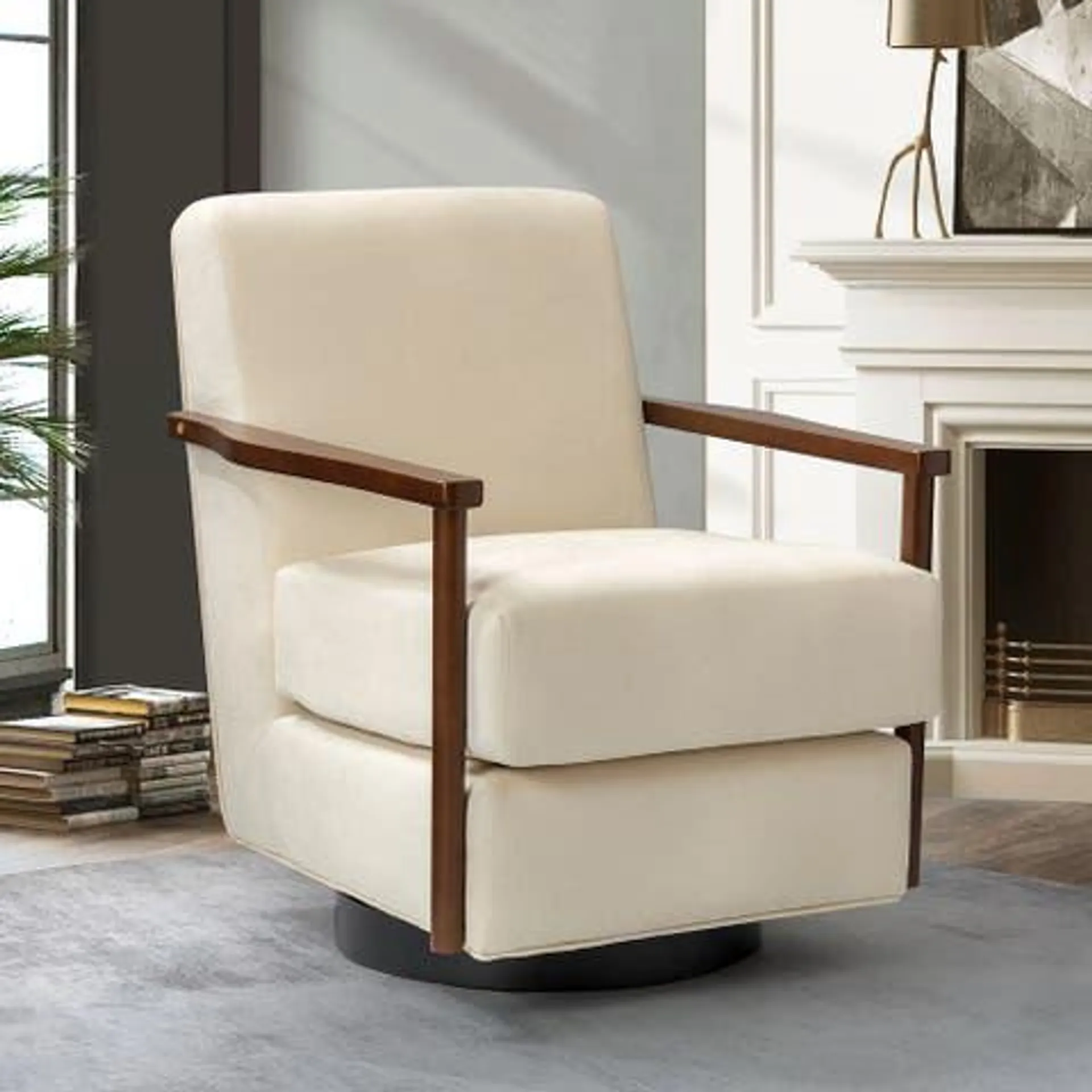 Christoph Contemporary Wooden Upholstery Armchair With Swivel Base by HULALA HOME