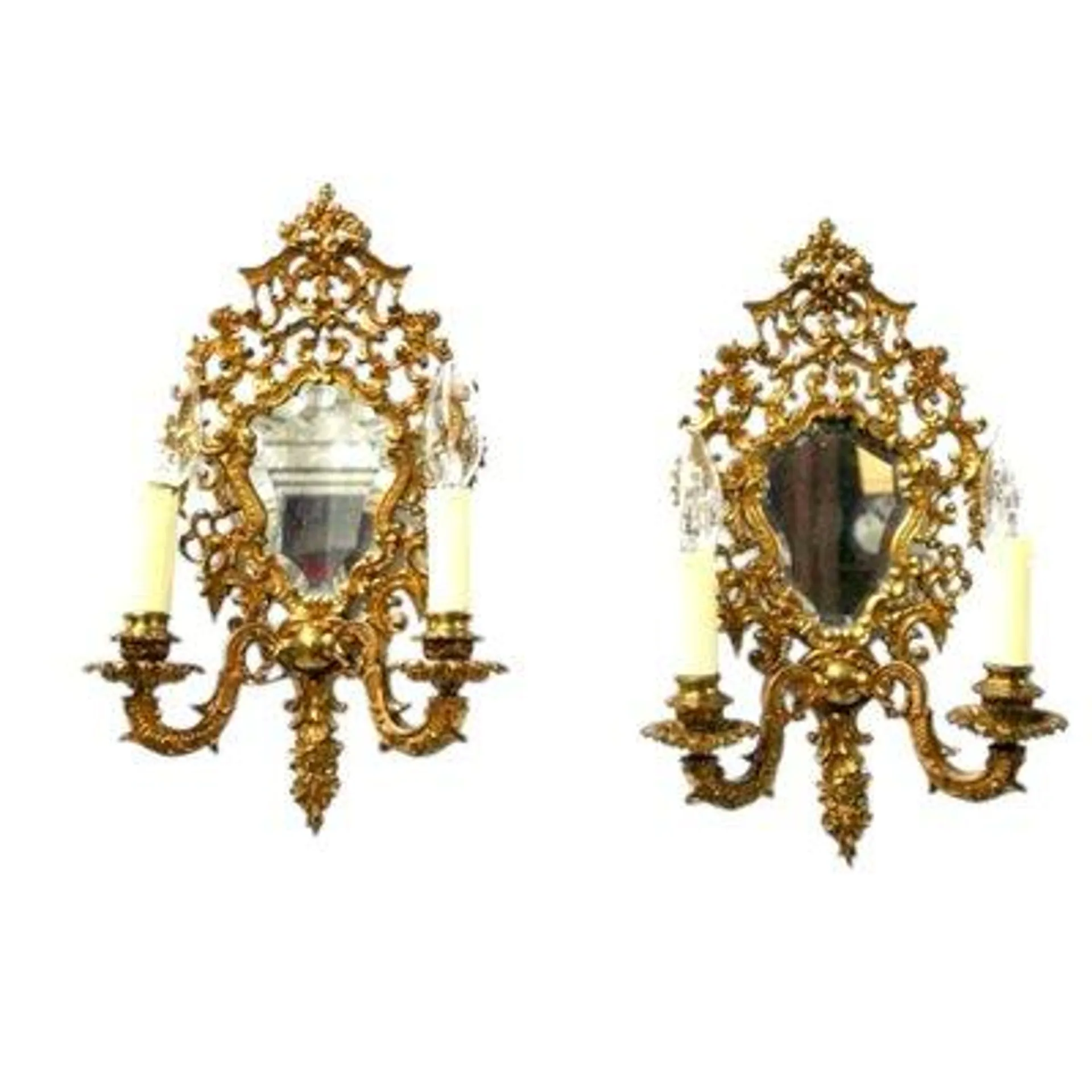 Antique Spanish Electrified Bronze Wall Mirror Sconces, Set of 2