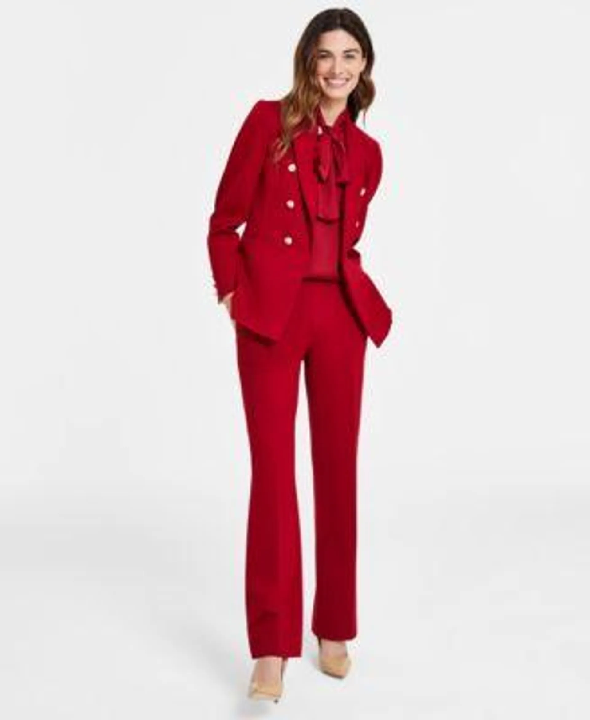 Faux Double-Breasted Blazer, Tie-Neck Blouse & Pull-On Pants