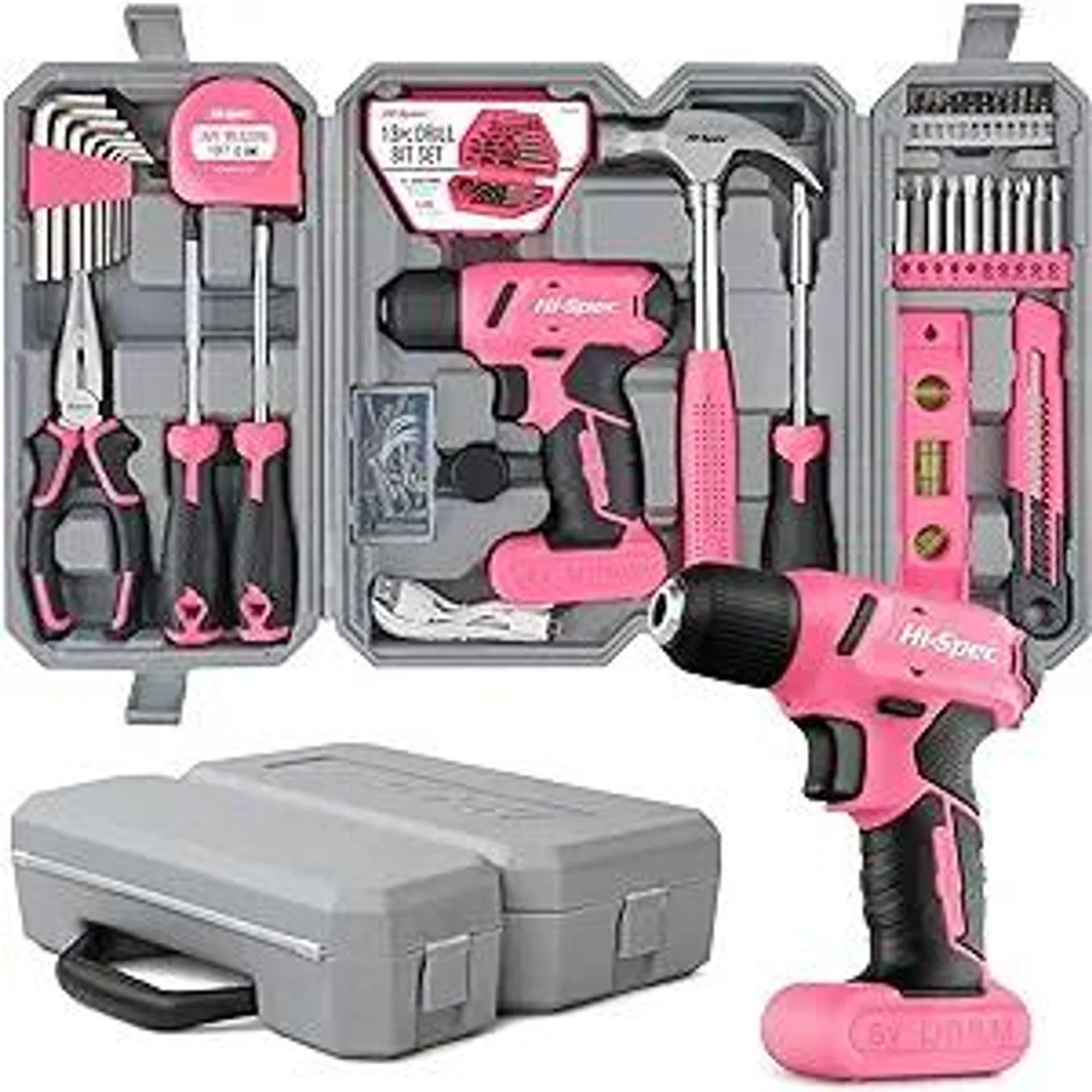 Hi-Spec 58pc Pink 8V USB Electric Drill Driver & Household Tool Kit Set With Variable Speed DIY Cordless Power Screwdriver