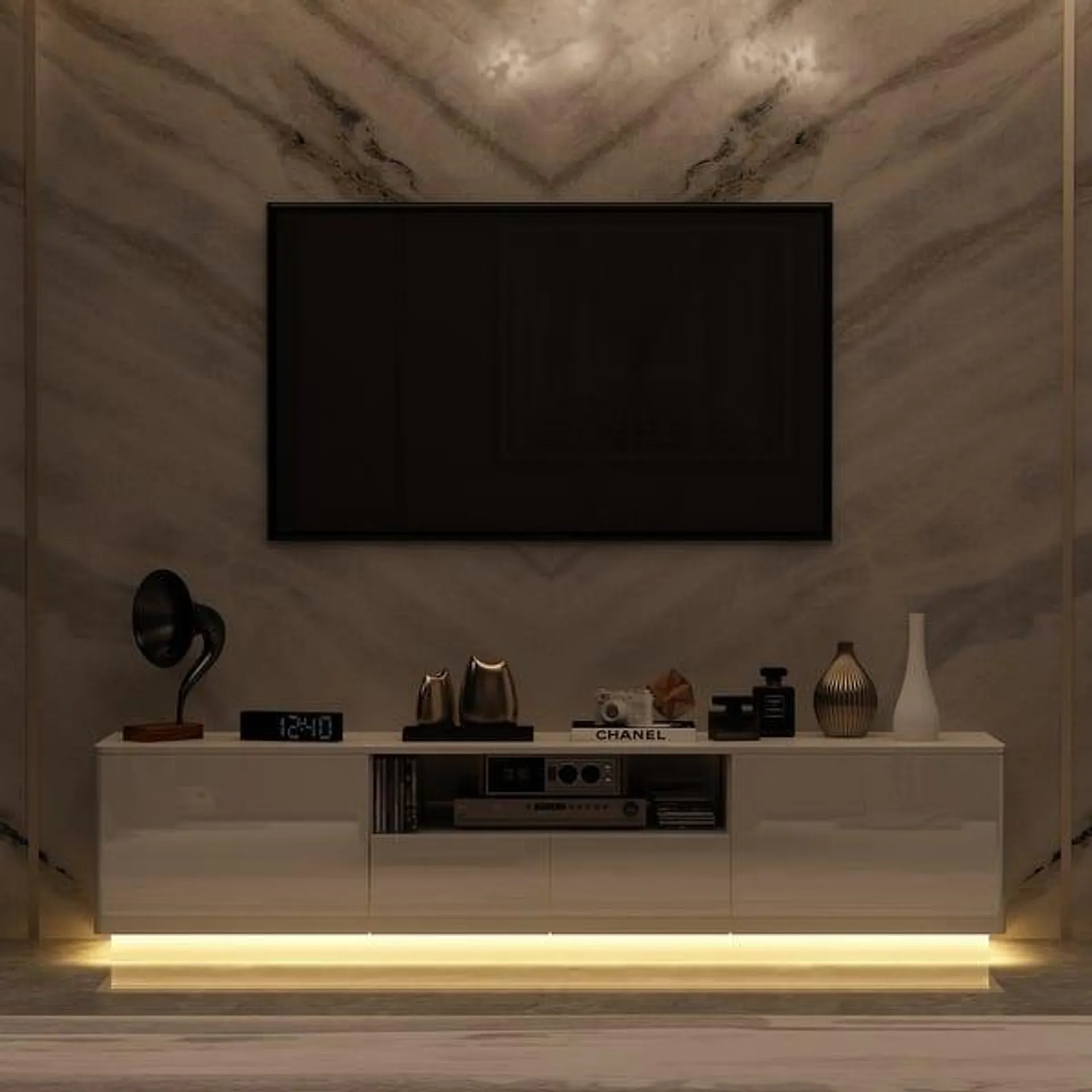 TV Stand LED Light High Gloss White TV Stand LED Entertainment Center - White