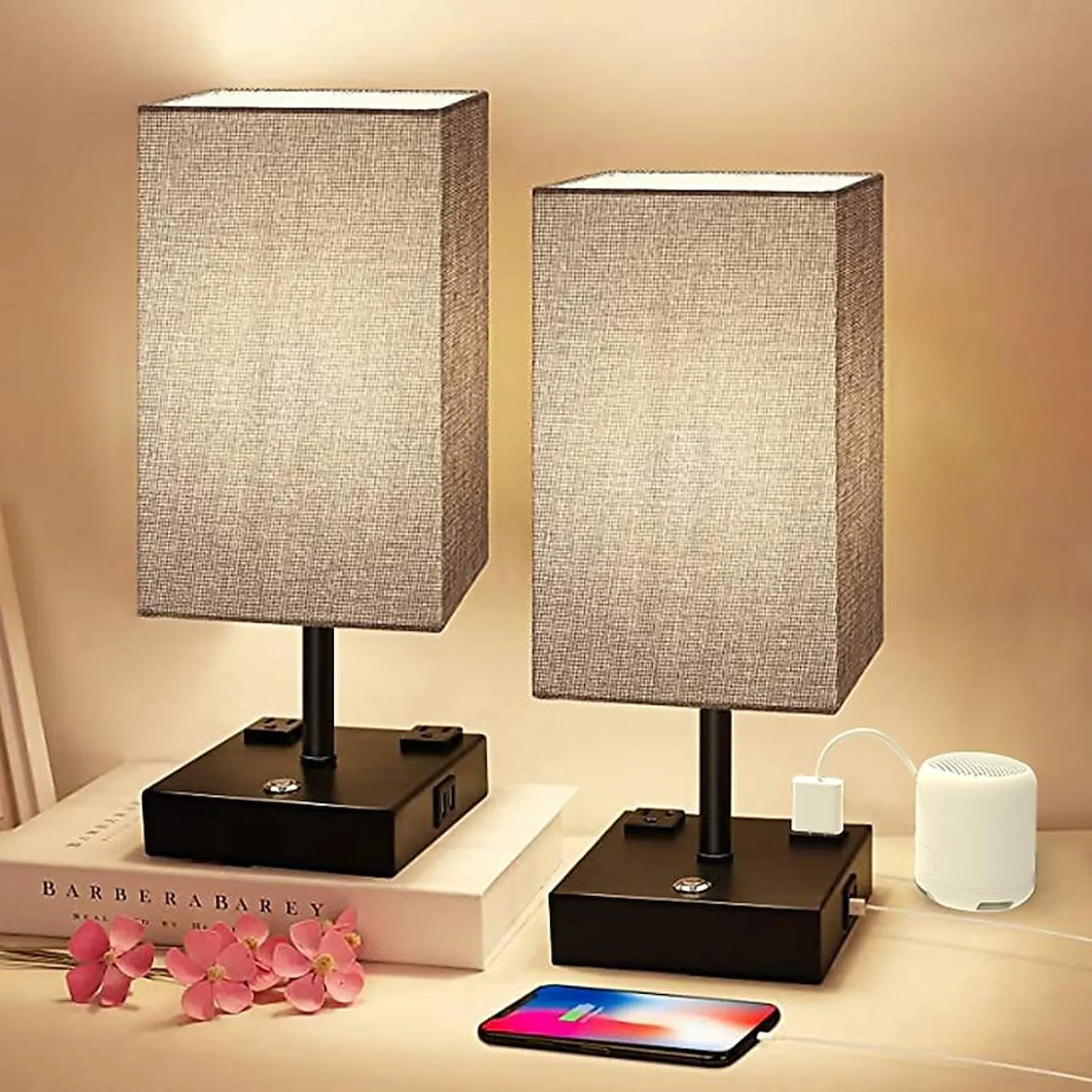 Cedar Hill Table lamp with USB charge port and AC outlets 15-in Black LED Touch Table Lamp with Fabric Shade (Set of 2)