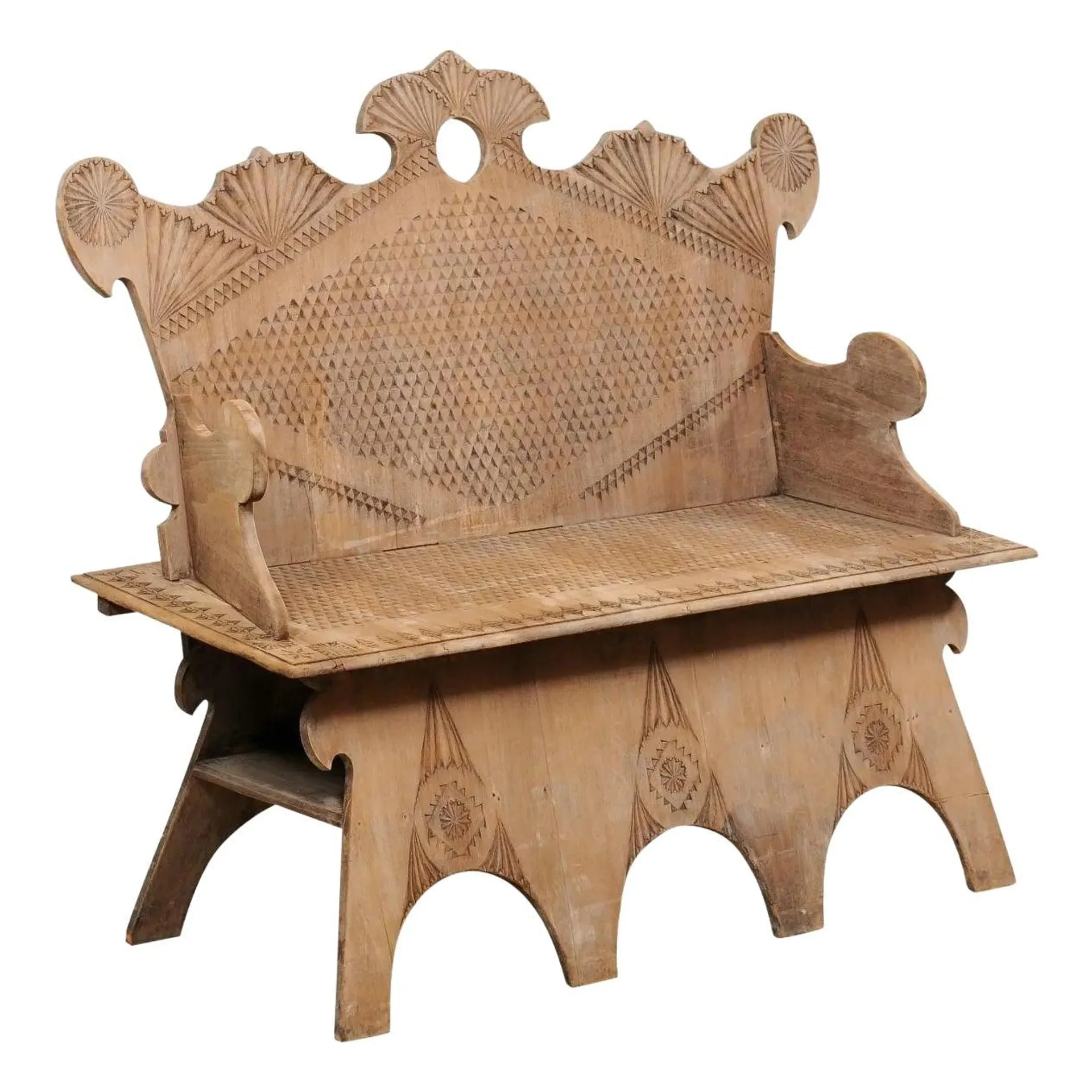 Mid 20th Century Spanish Bench, Moorish Influenced Carvings