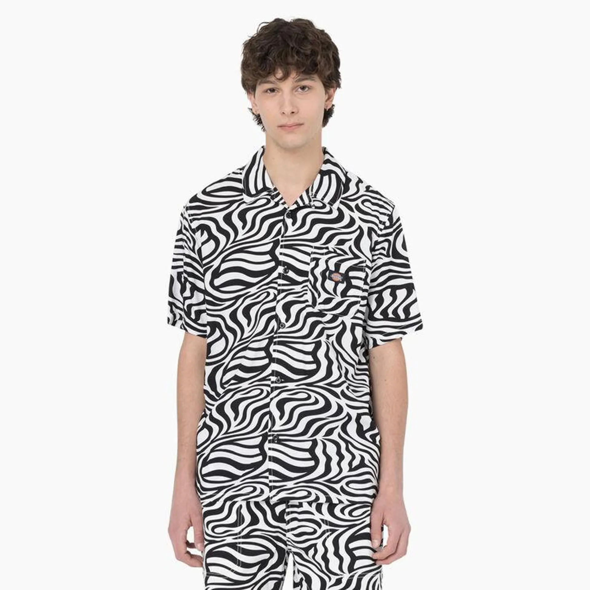 Zebra Print Button-Up Shirt, Black/White