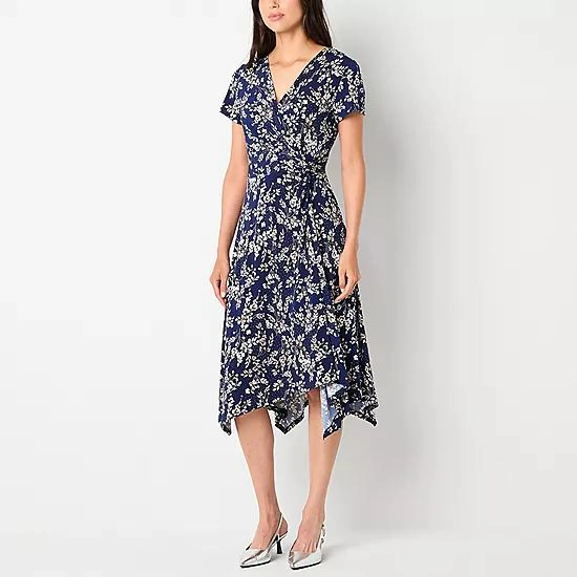 new! Perceptions Petite Short Sleeve Floral Midi Fit + Flare Dress