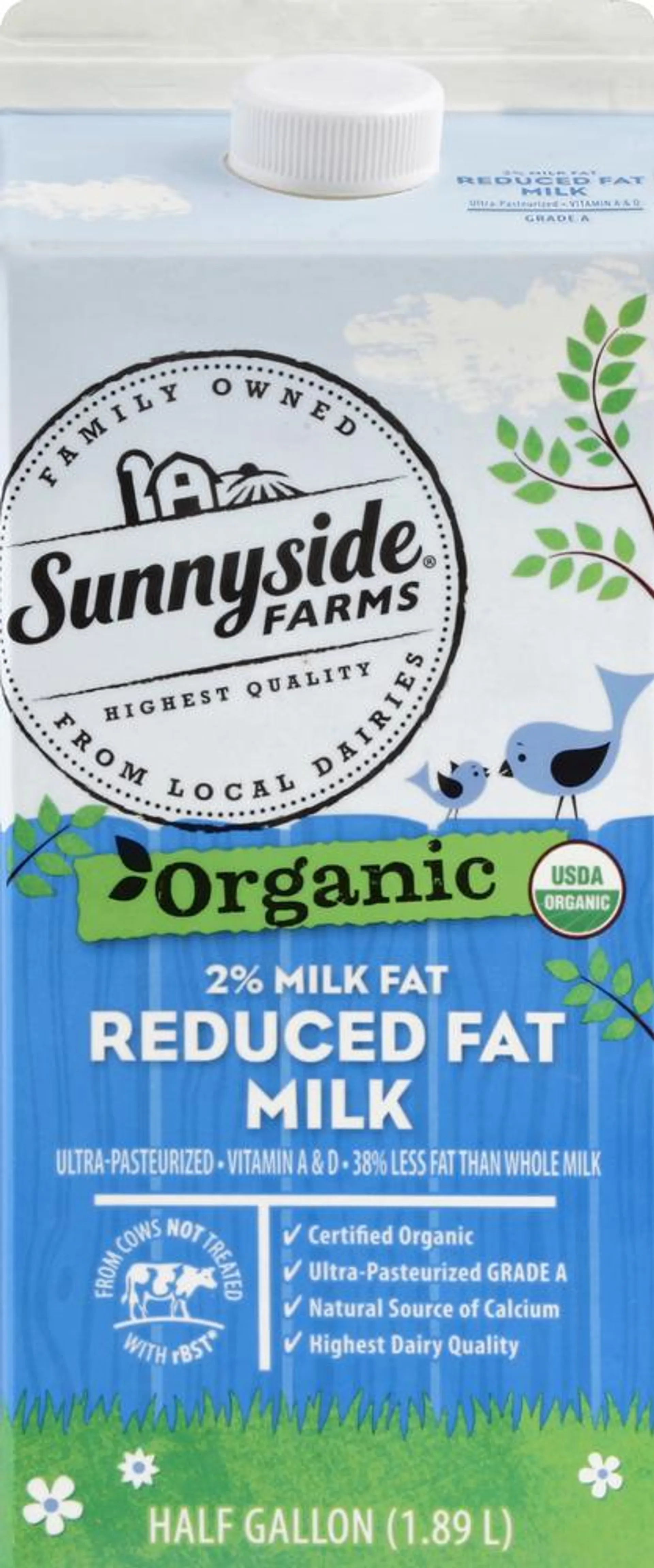 Sunnyside Farms Milk, Organic, Reduced Fat, 2% Milk Fat