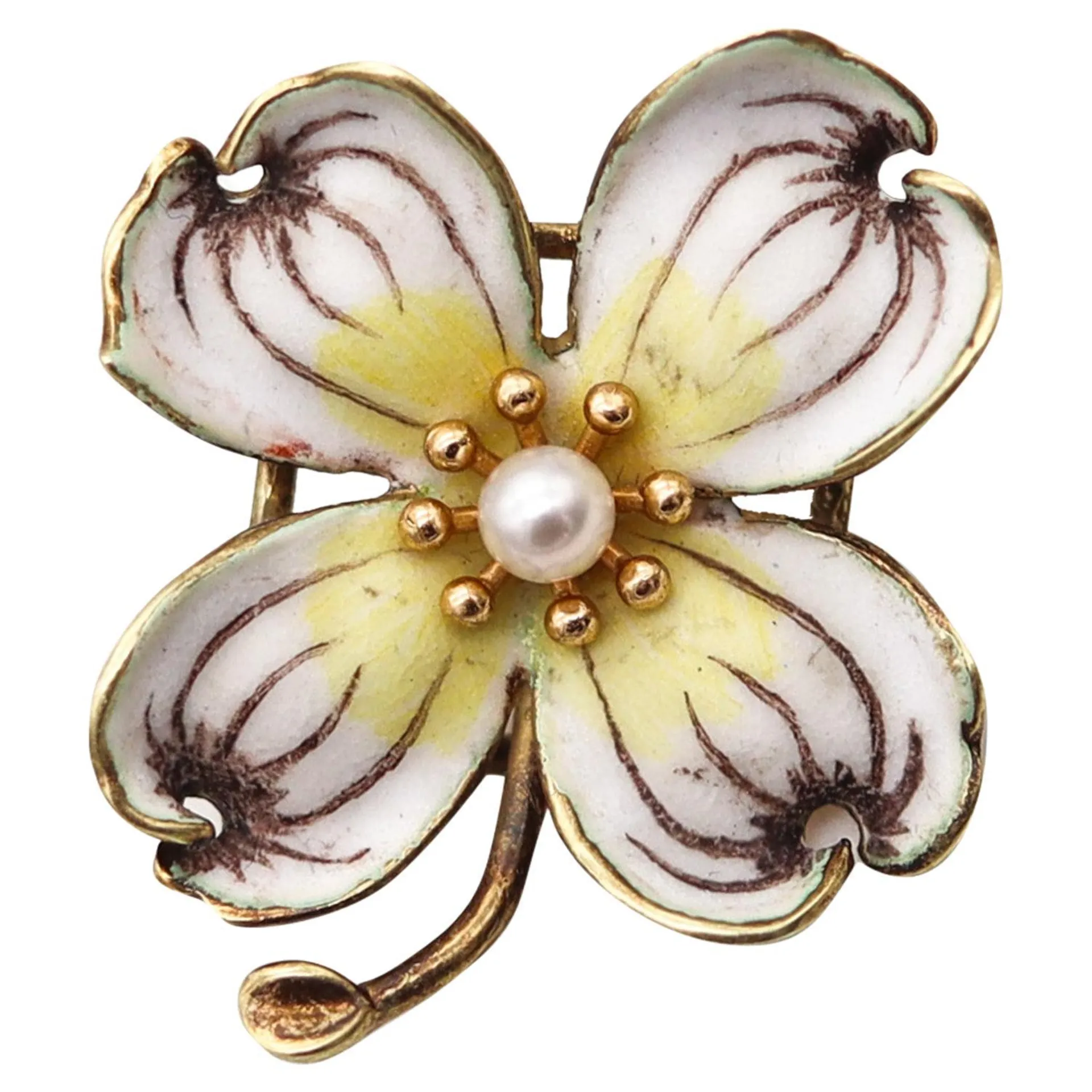 ART NOUVEAU Edwardian 1905 Enamel Flower Pendant Brooch 14Kt Yellow Gold & Pearl