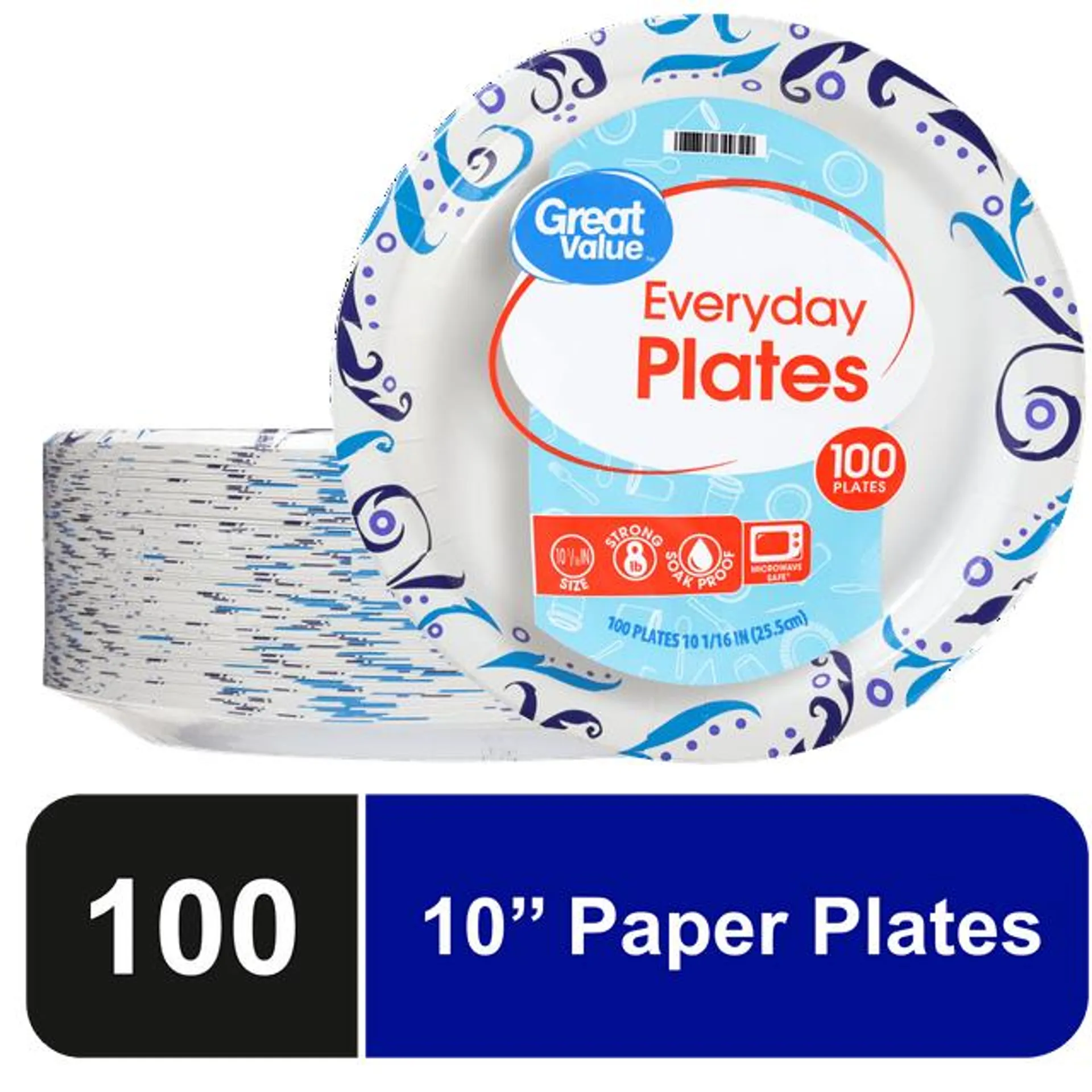 Great Value Everyday Strong, Soak Proof, Microwave Safe, Disposable Paper Plates, 10 in, Patterned, 100 Count