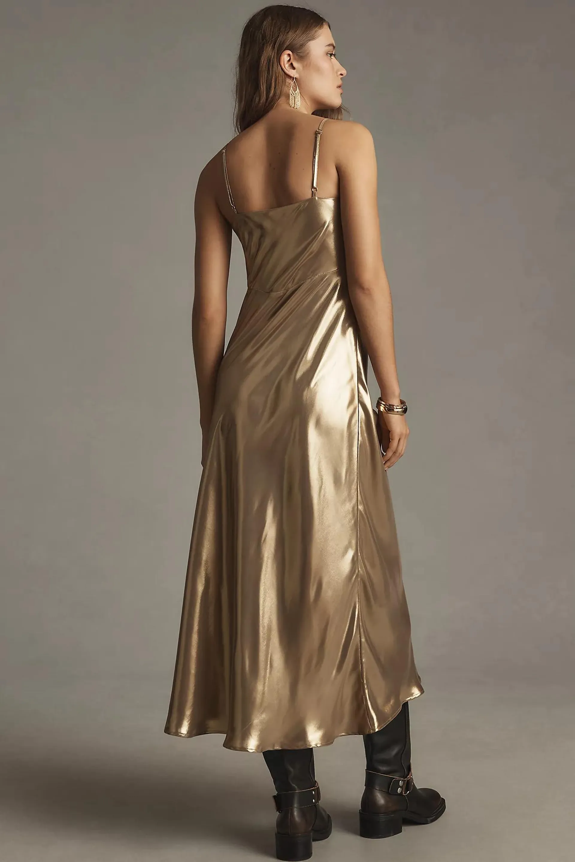 By Anthropologie Metallic V-Neck Midi Slip Dress