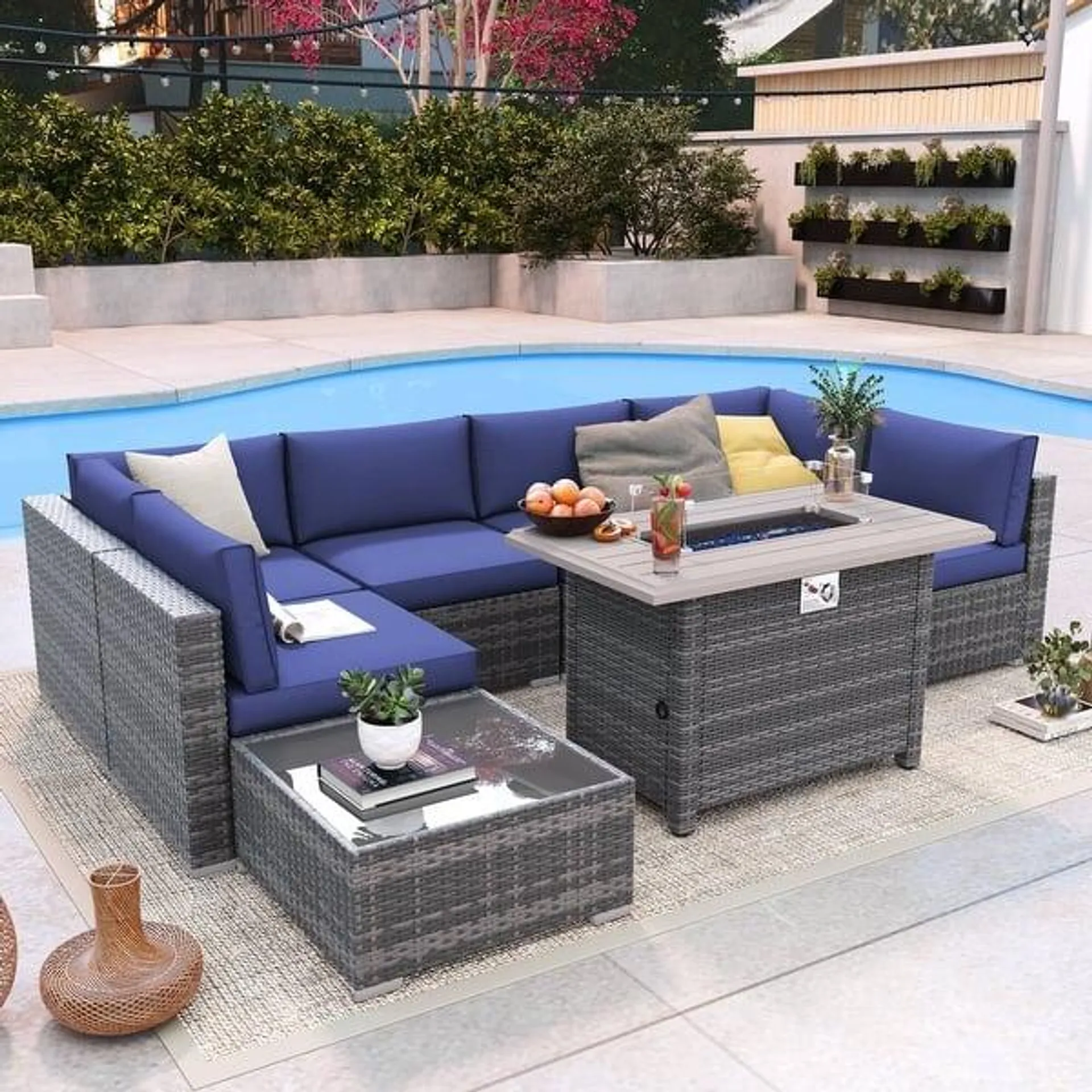 Outdoor 8 Pieces Sectional Wicker Sofa Set with Fire Pit