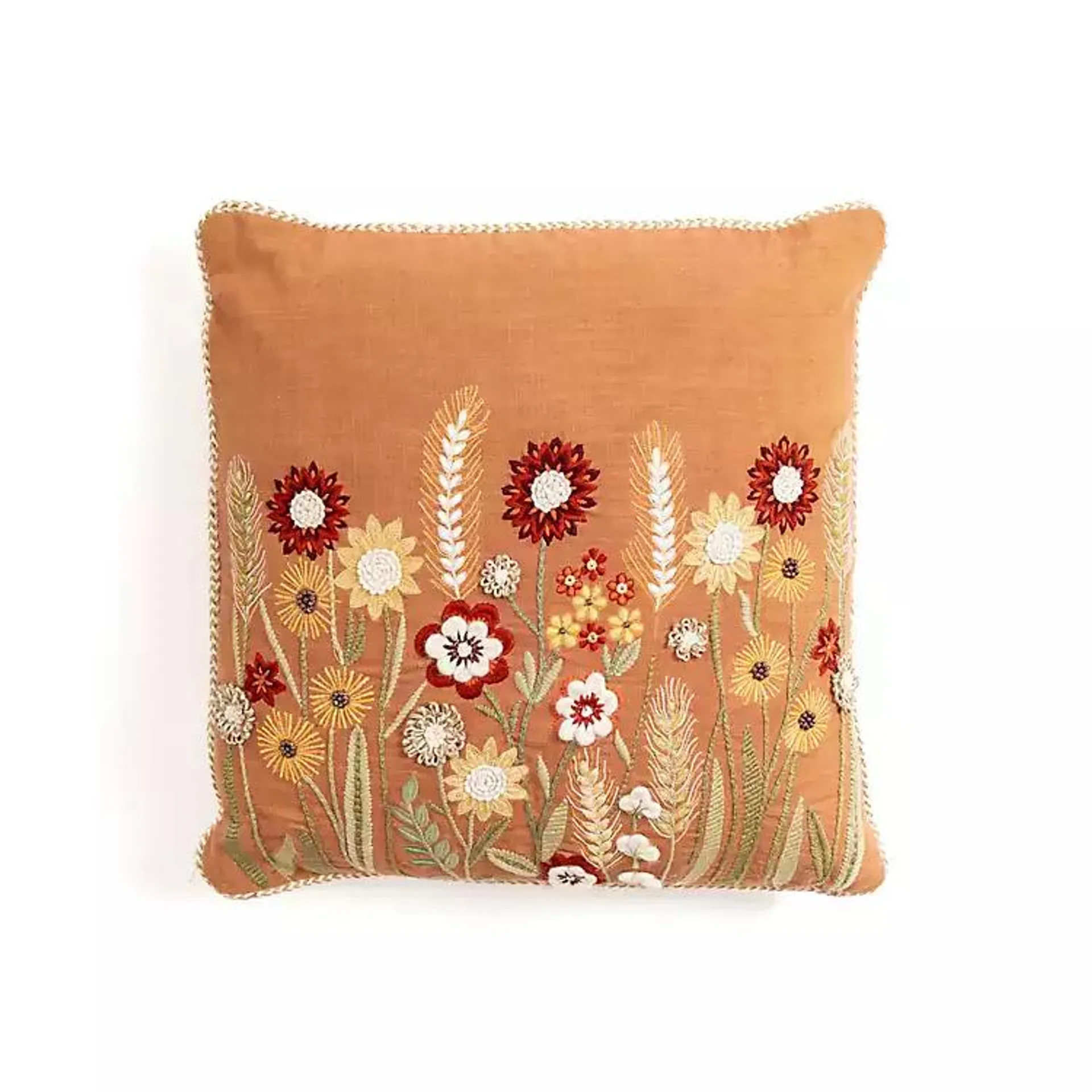 Orange Rust Embroidered Floral Throw Pillow
