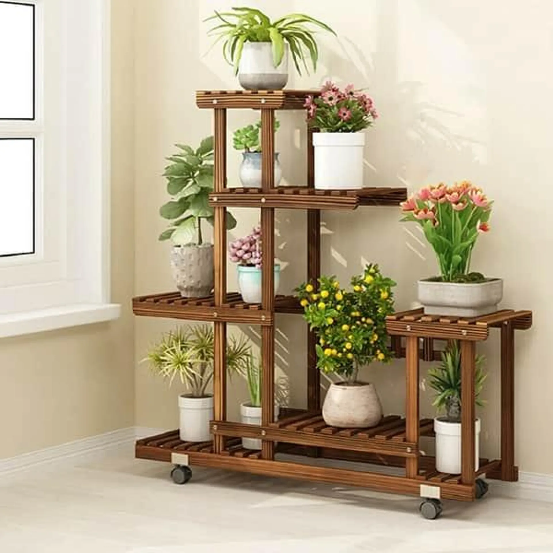 6 Tier Multi-Tiered Solid Wood Plant Stand with Wheels