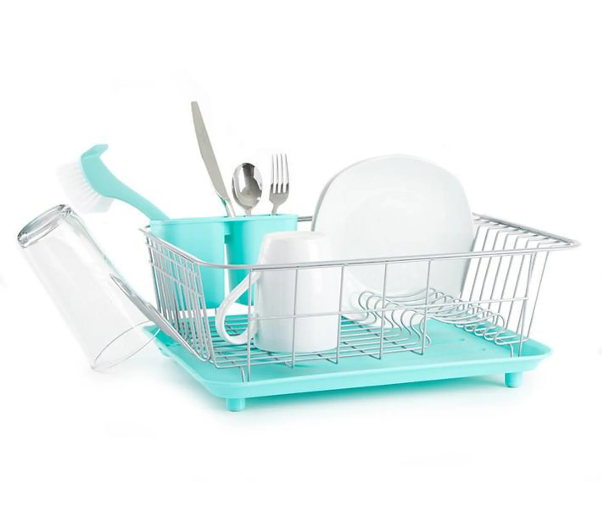 Teal Compact Dish Drying Rack & Brush Set