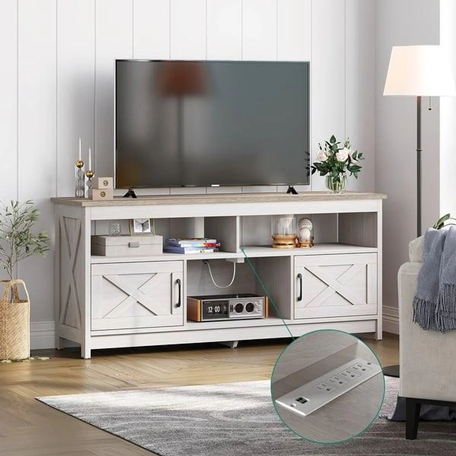 Farmhouse TV Stand for up to 65" TV with Doors and Open Shelves Media Console Power Outlet