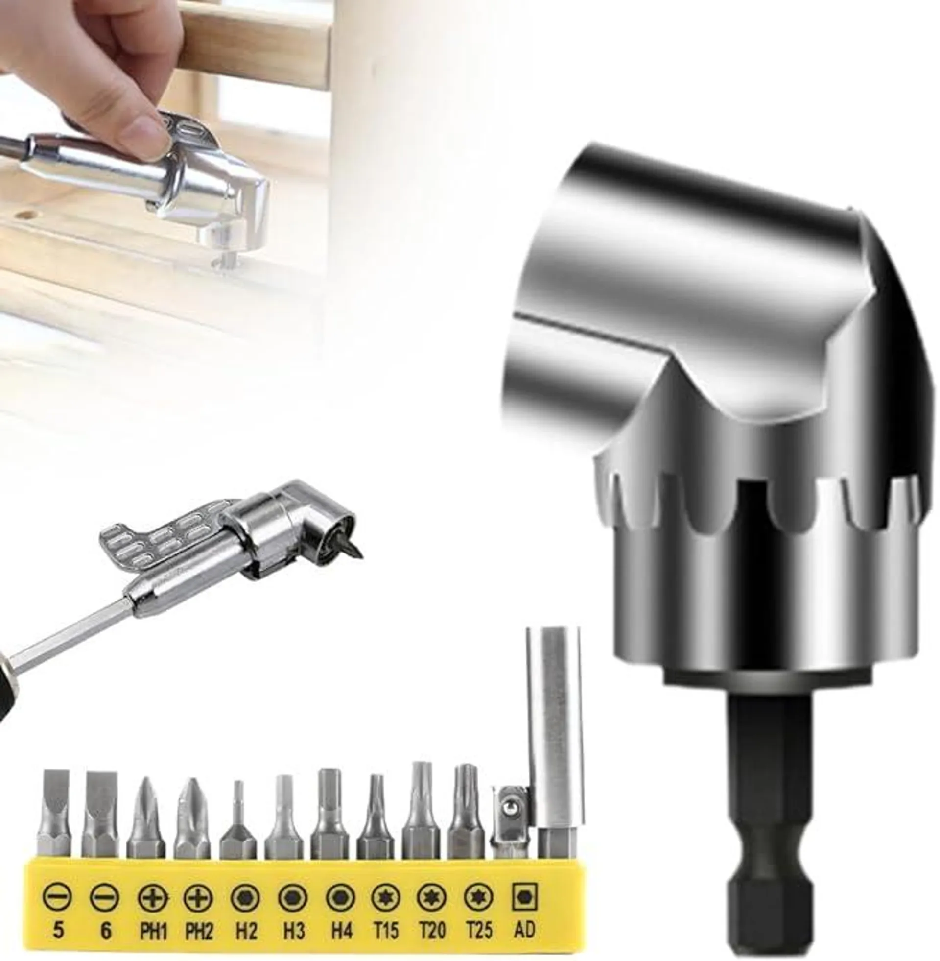 105 Degree Right Angle Drill Adapter, 2025 New Right Angle Head Drill Driver Extension Bit Power Screwdriver Socket Adapter, Corner Tool Screw Hub with Multi-function Bend Screwdriver Bit (Short)