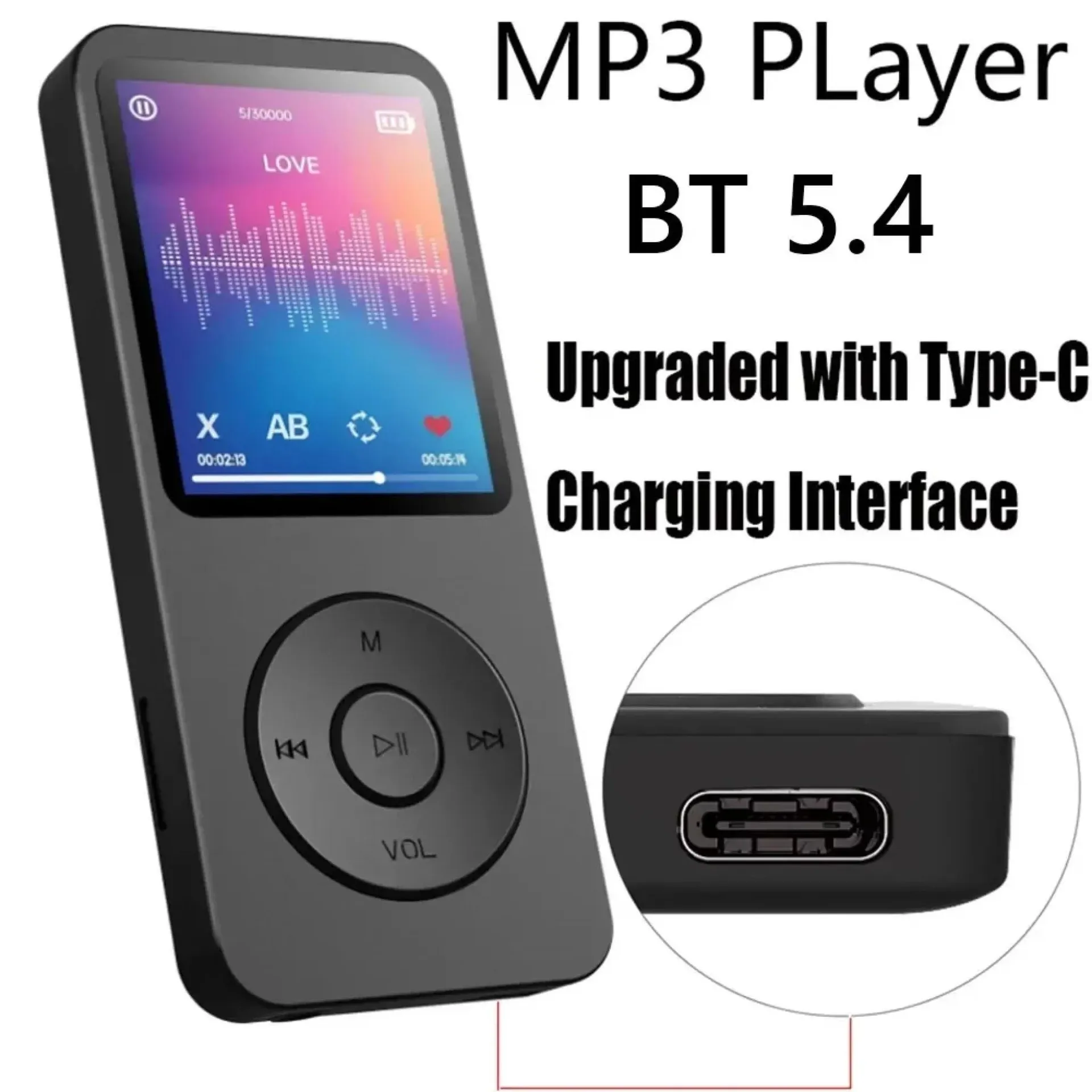 Reproductor de MP1.8 de 3 pulgadas, portátil, tipo C, compatible con Bluetooth 5.4, libros electrónicos, grabación, deportes, radio FM, reproductor de música, novedad de 2024