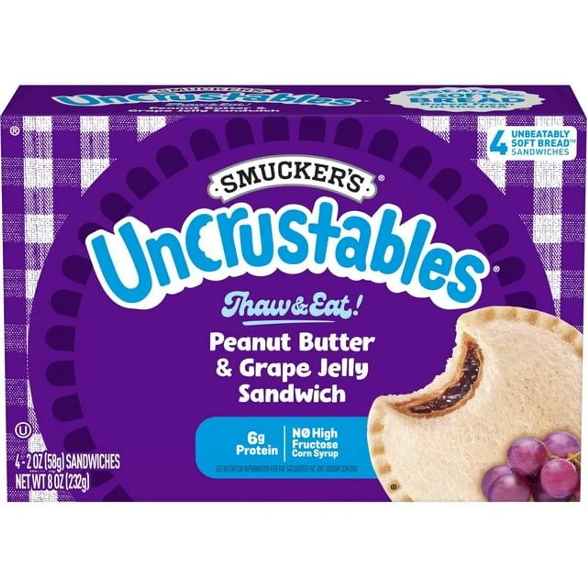 Smucker's Uncrustables Peanut Butter & Grape Jelly Sandwich, 4-Count Pack (Frozen)