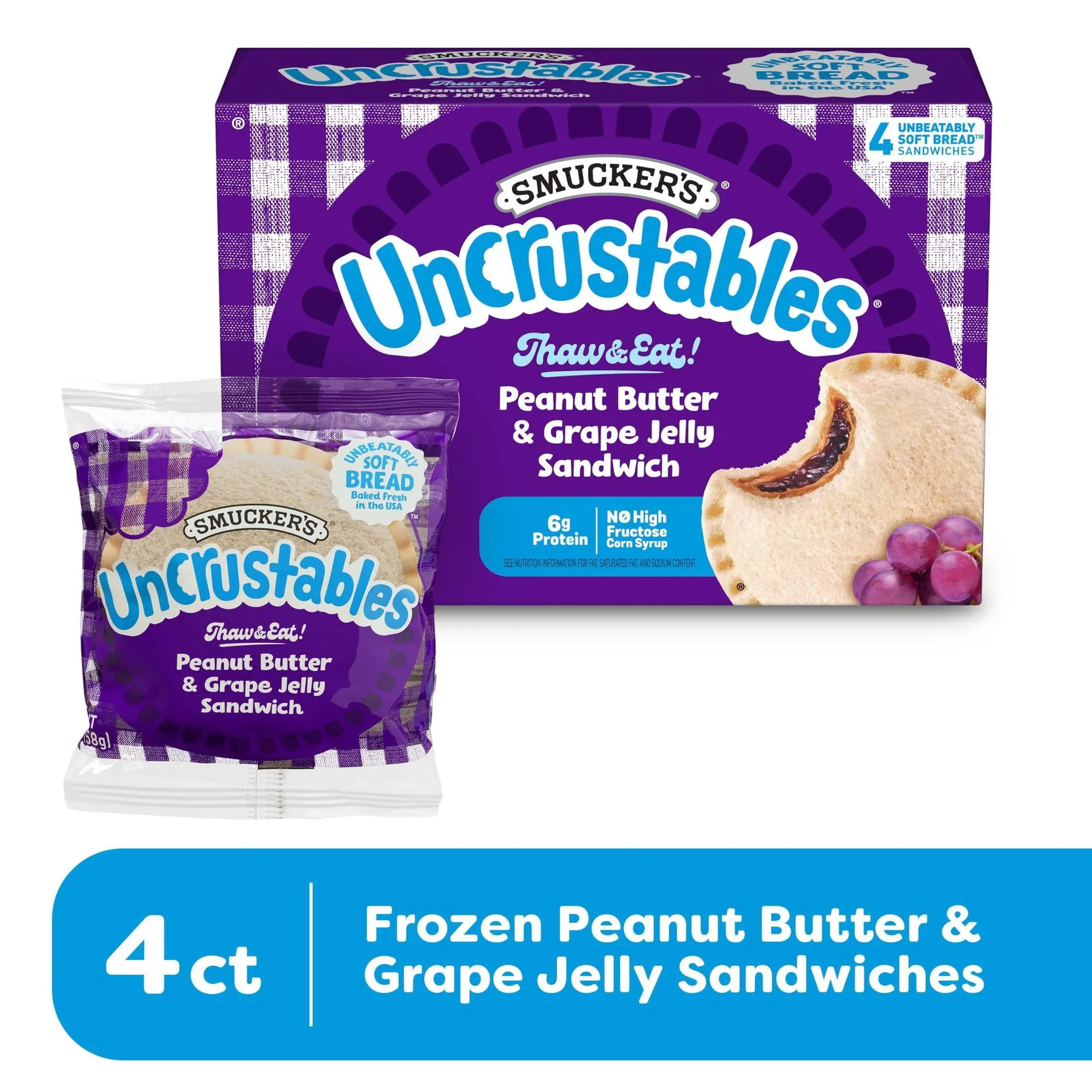 Smucker's Uncrustables Peanut Butter & Grape Jelly Sandwich, 4-Count Pack (Frozen)