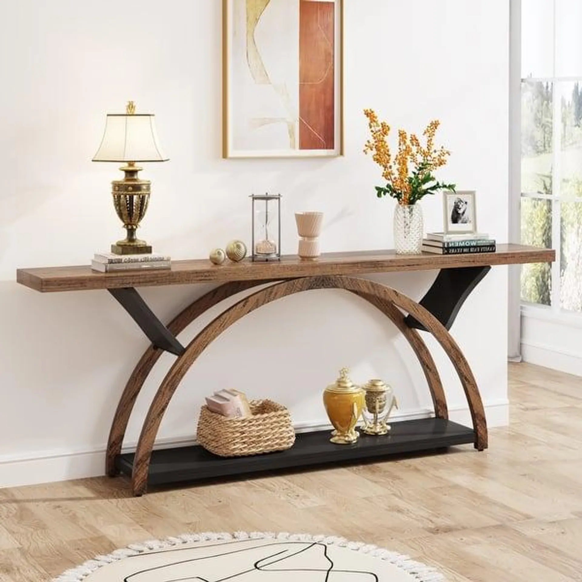 2-Tier Narrow Long Console Sofa Table with Semi-Circular Frame for Entryway,Gray Hallway Accent Tables