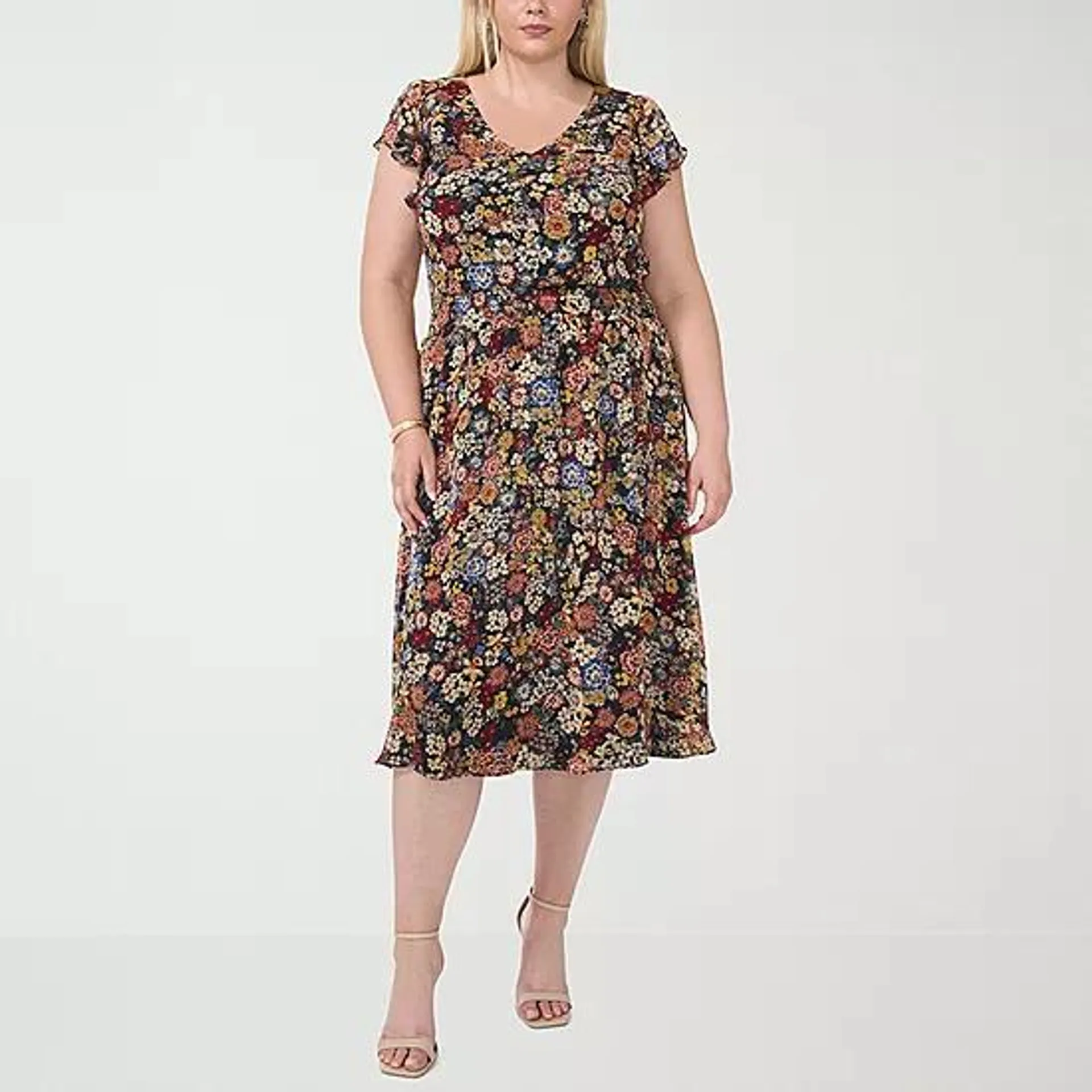 new! MSK Plus Short Sleeve Floral Midi Fit + Flare Dress