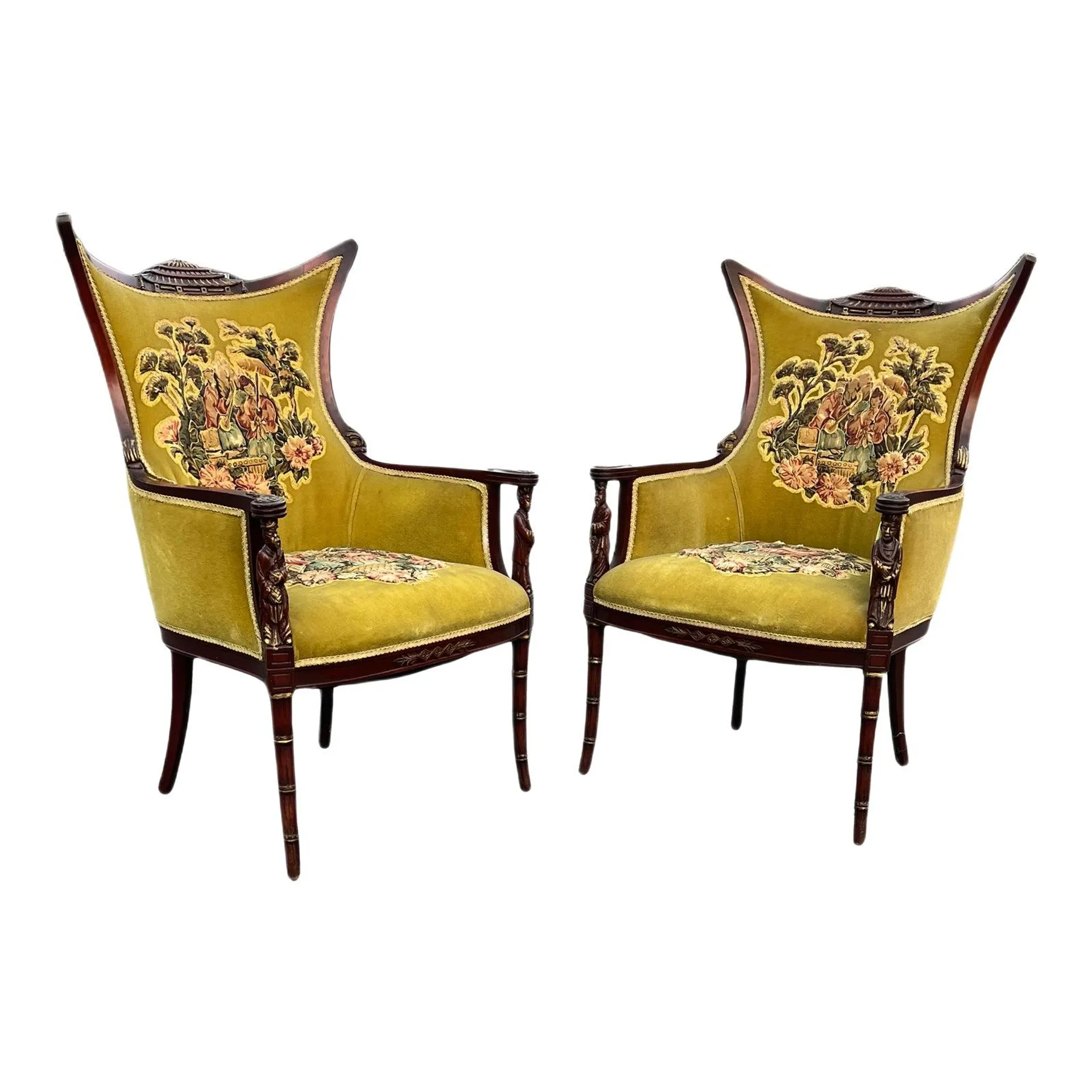 Vintage Chinoiserie Faux Bamboo, Pagoda Arm Chairs - a Pair