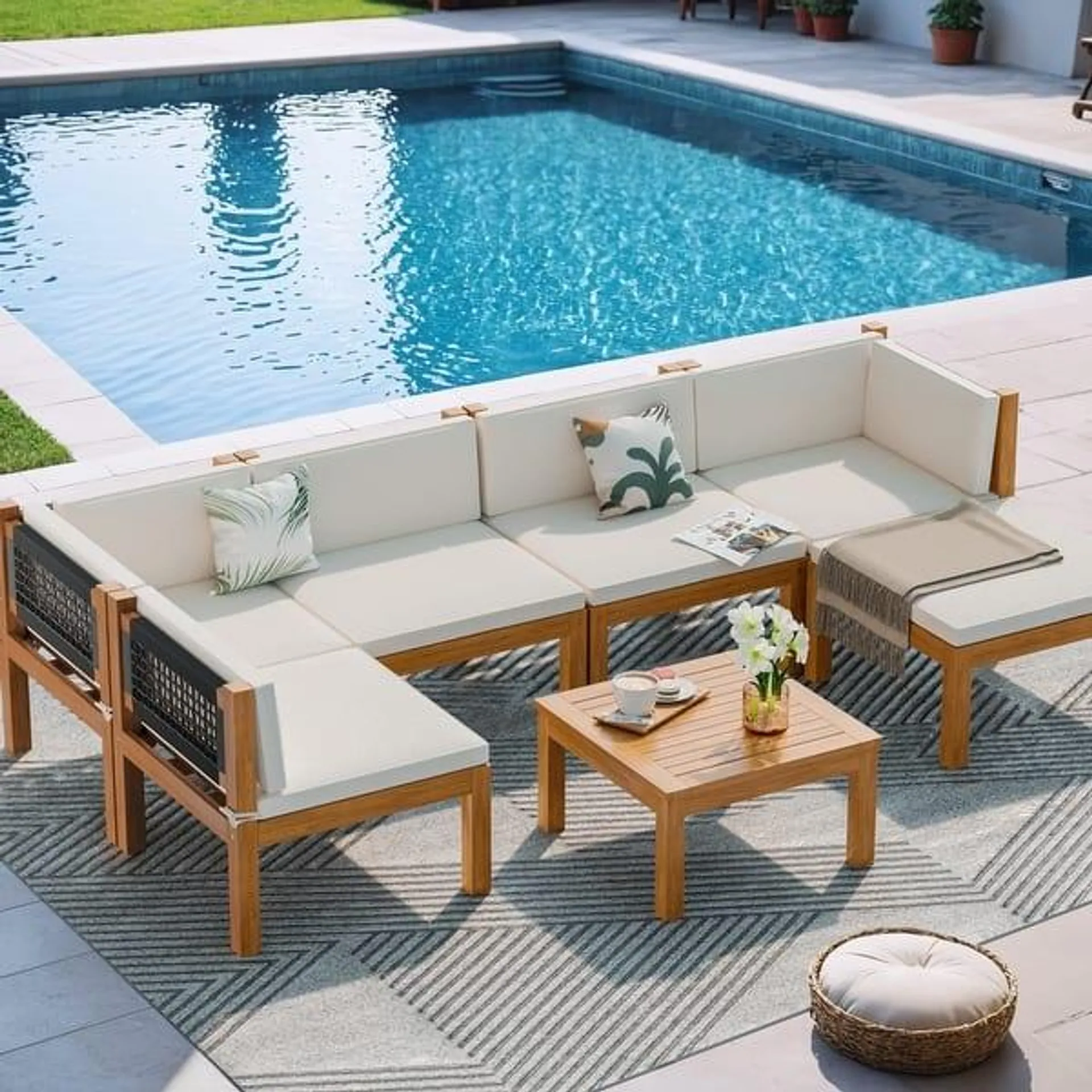 Furniwell 5/6/7-pieces Acacia Patio Furniture Set, Wooden Conversation Set,Outdoor Modular Design Sofa Set with Side Table