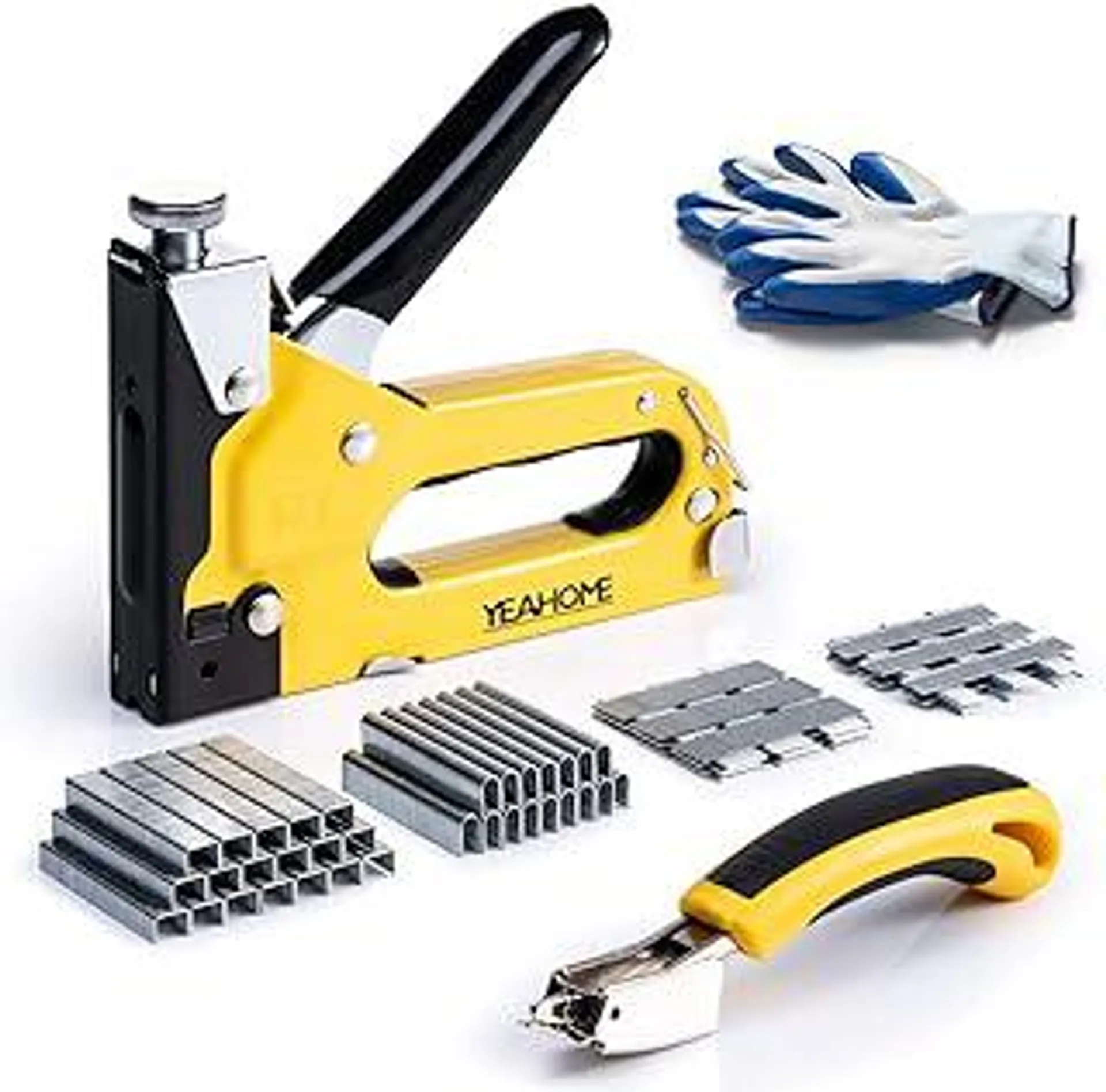 Upholstery 4 in 1 Staple Gun Heavy Duty, with 6000 Staples, Remover, Gloves, Manual Brad Nailer Power Adjustment Stapler Gun for Wood, Upholstery, Carpentry, Decoration DIY Staple Gun…