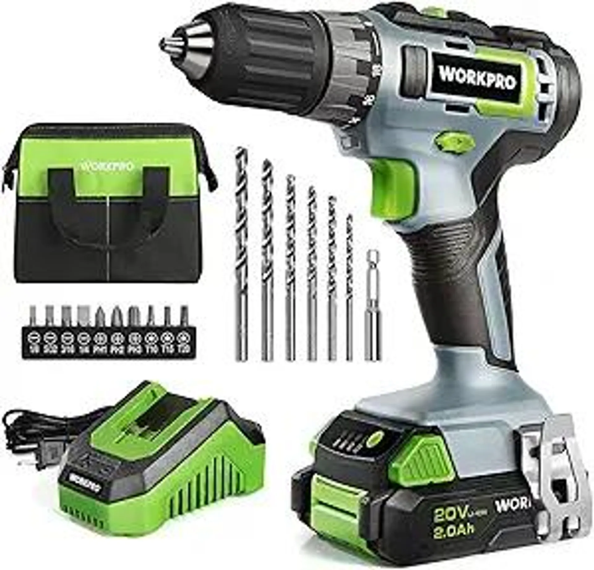 WORKPRO 20V Cordless Drill Driver Kit, 3/8'' Keyless Chuck, 2.0 Ah Li-ion Battery, 1 Hour Fast Charger and 11-inch Green Storage Bag Included