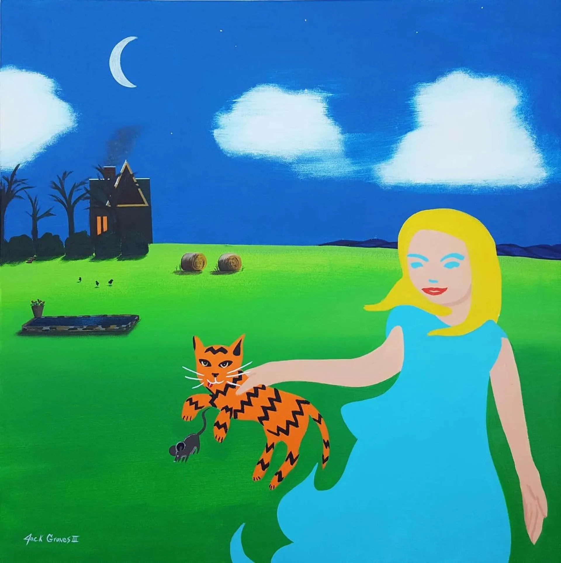 Jack Graves III House-Cat-Mouse /// Contemporary Landscape Spooky Girl Countryside Moon Farm Art 2021