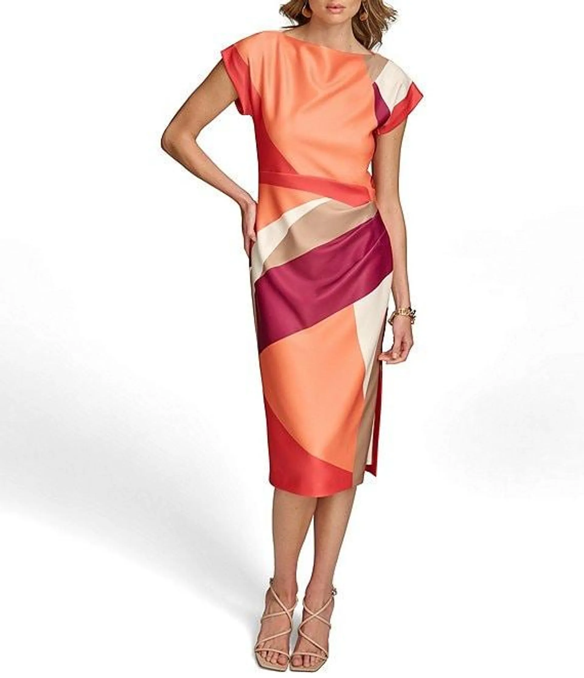 Short Sleeve Boat Neck Abstract Print Color Block Scuba Midi Sheath Dress