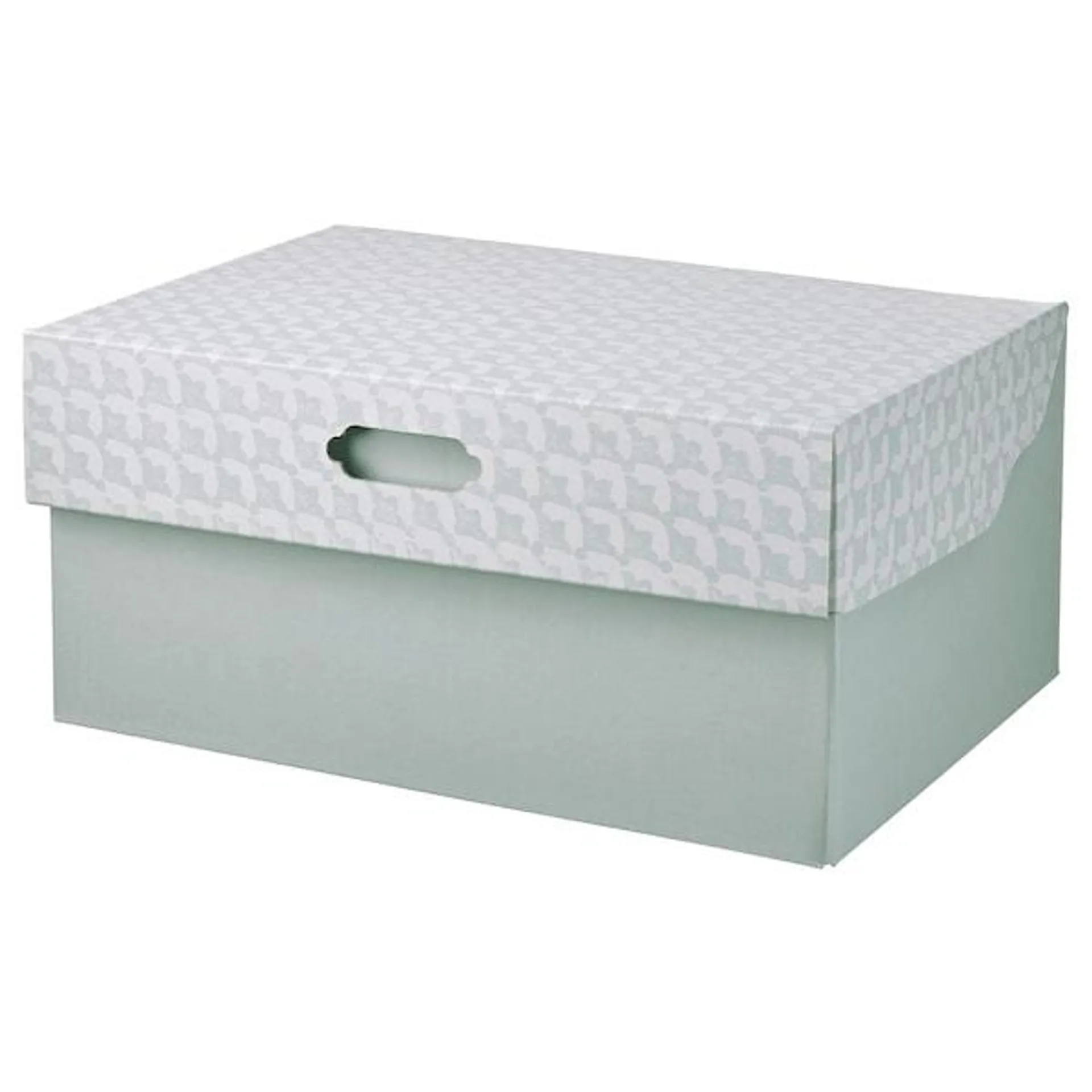 Storage box with lid, gray-green white/paper,