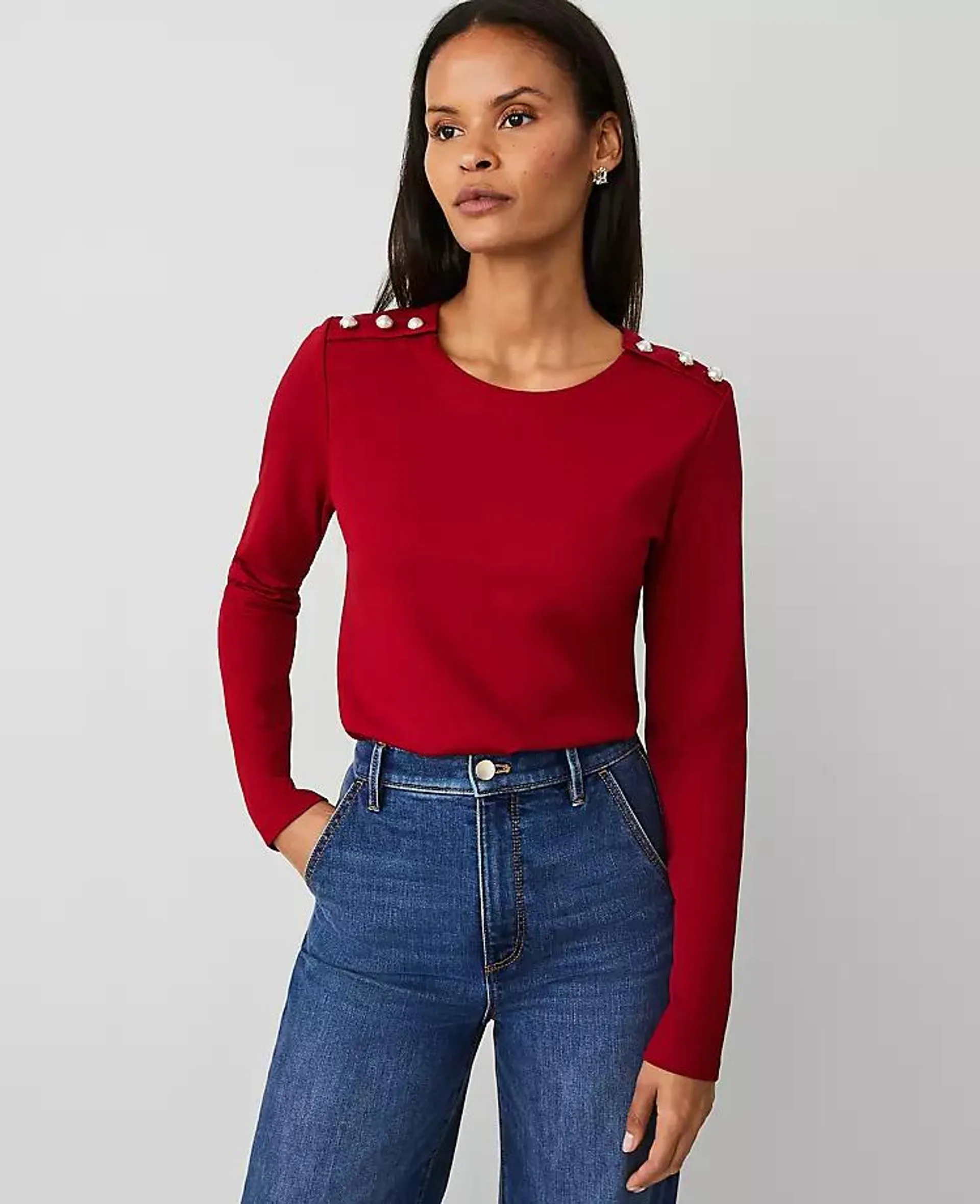 Button-Shoulder Ponte Top