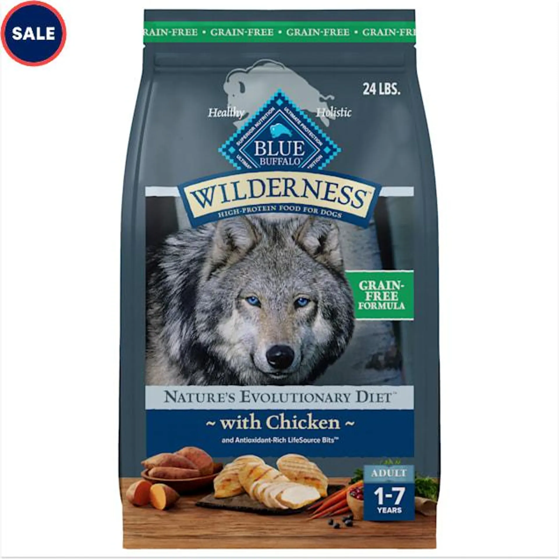 Blue Buffalo Blue Wilderness Natural Adult High Protein Chicken Recipe Dry Dog Food, 24 lbs.