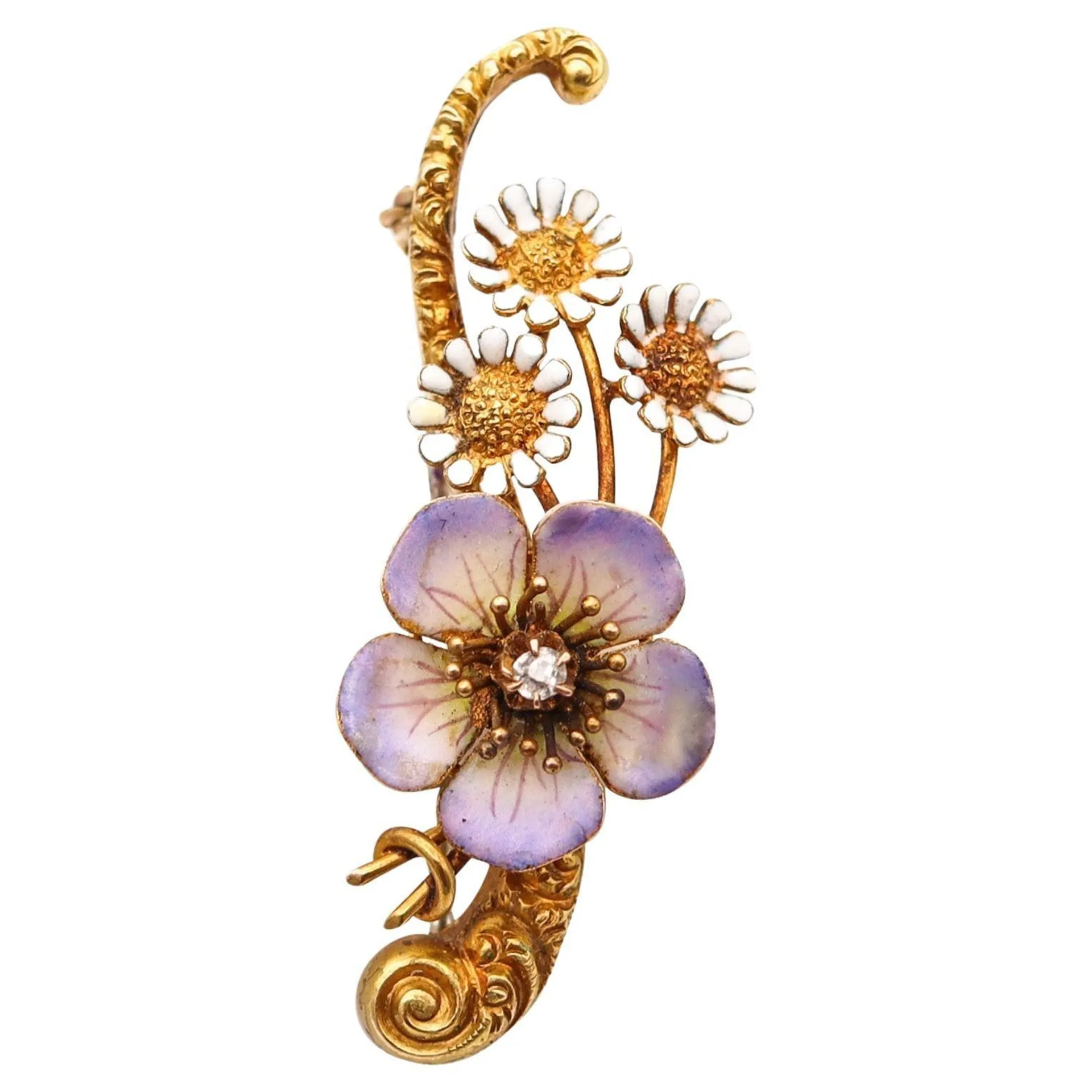 ART NOUVEAU 1900 Edwardian Enameled Flowers Brooch In 18Kt Gold With Diamond