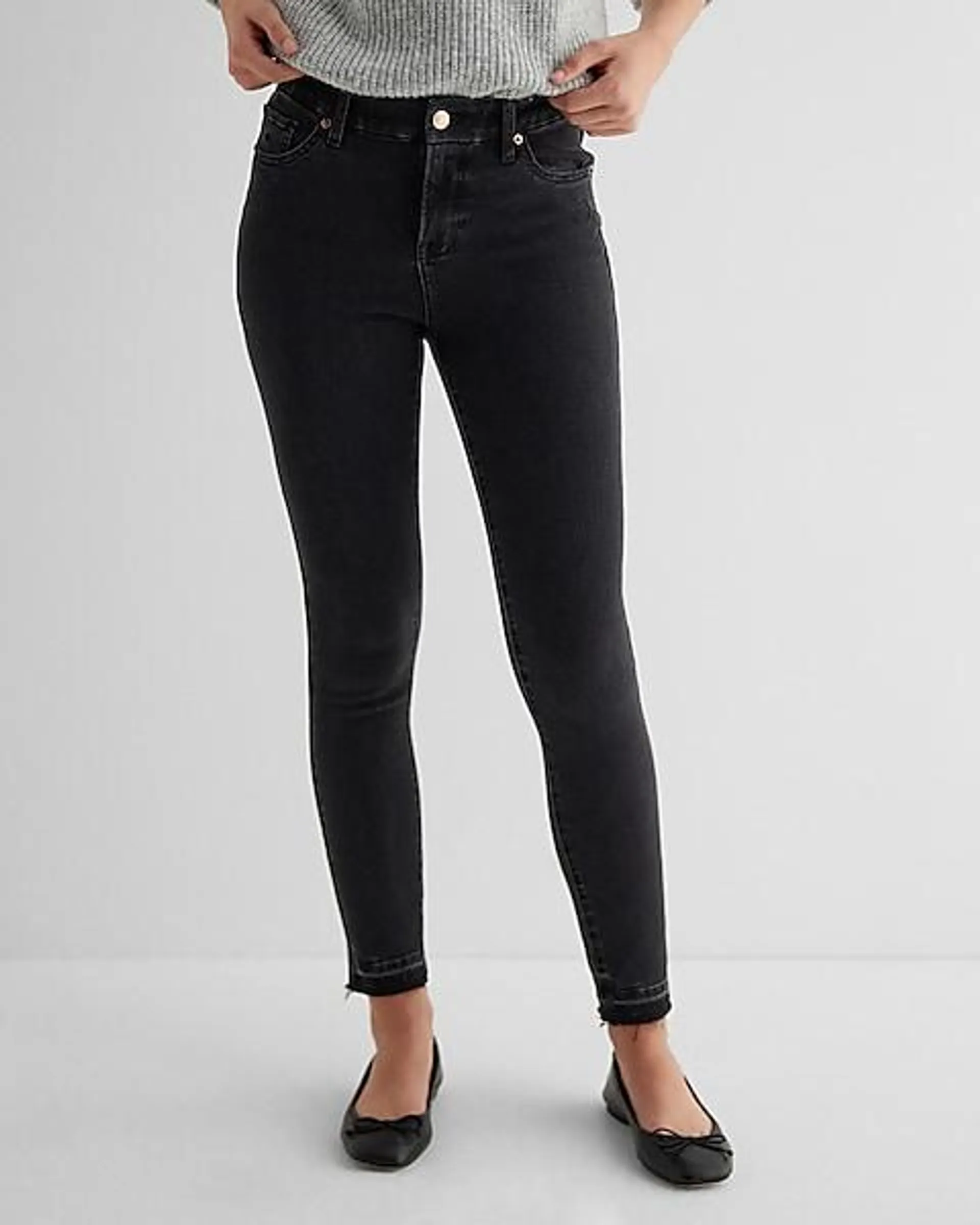 Mid Rise Black Raw Drop Hem FlexX Skinny Jeans