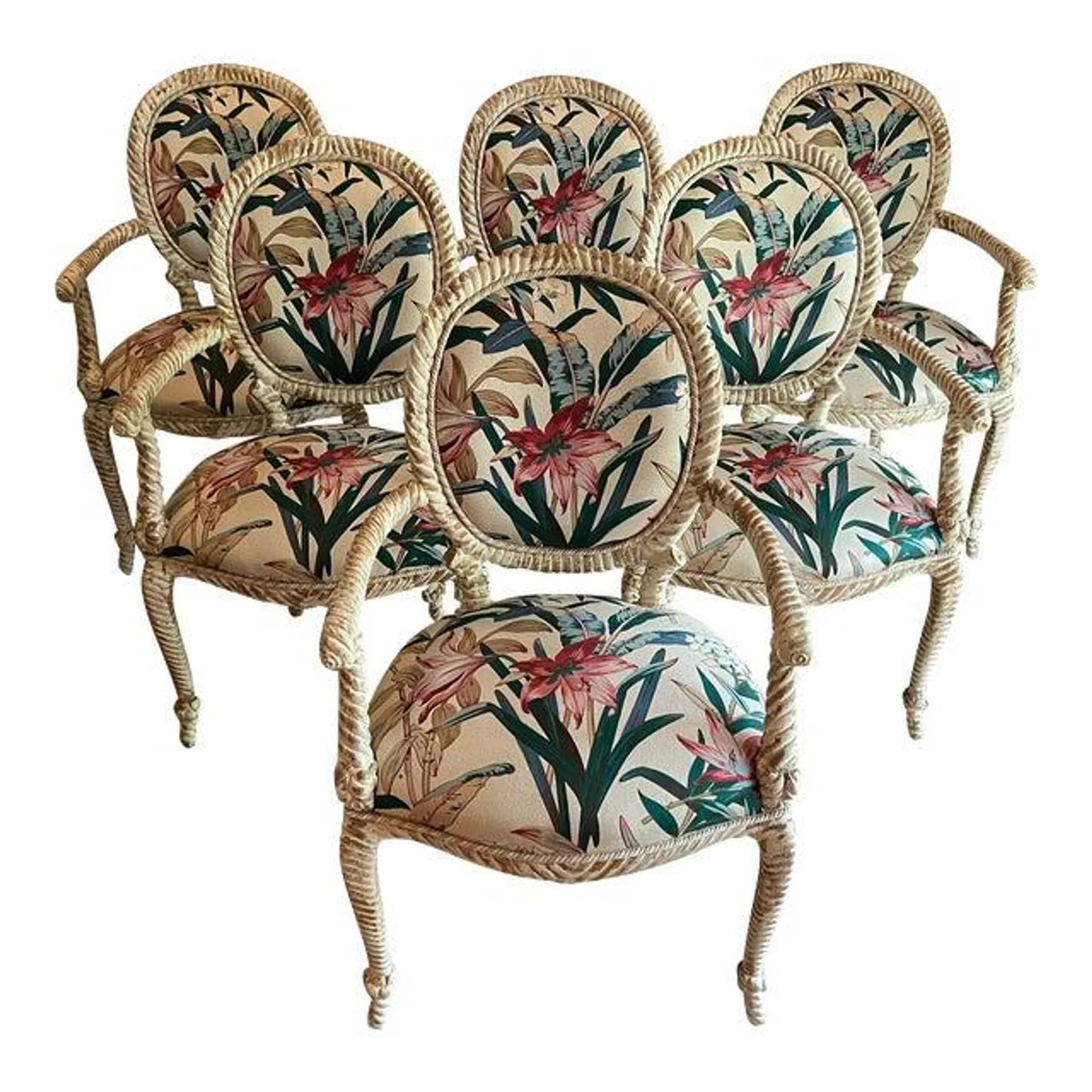 Vintage Faux Bois Distressed White Painted Carved Wood Armchairs - Sold in Pairs