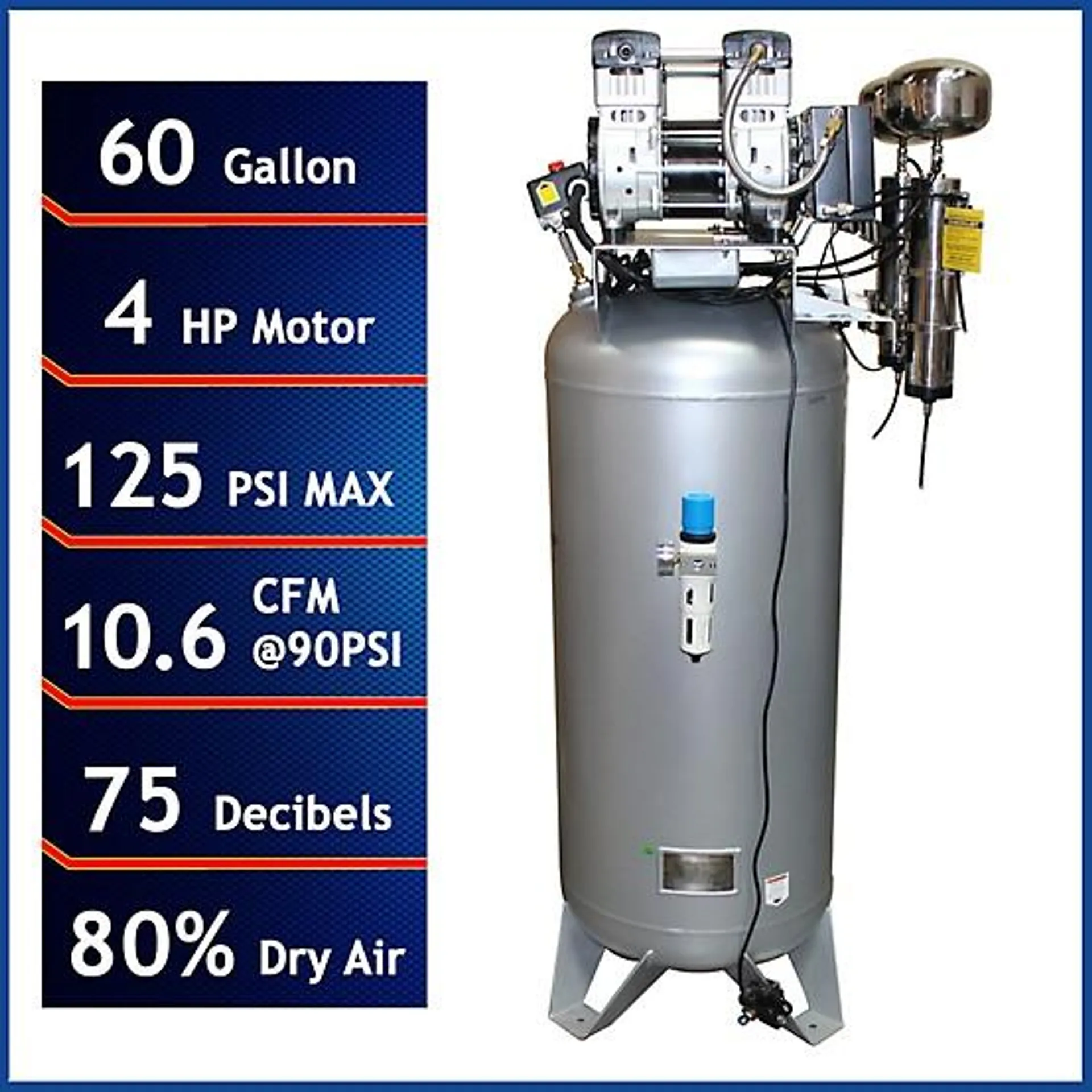 4 HP 60 gal. Ultra Quiet and Oil-Free Tank Air Compressor with Air Dryer