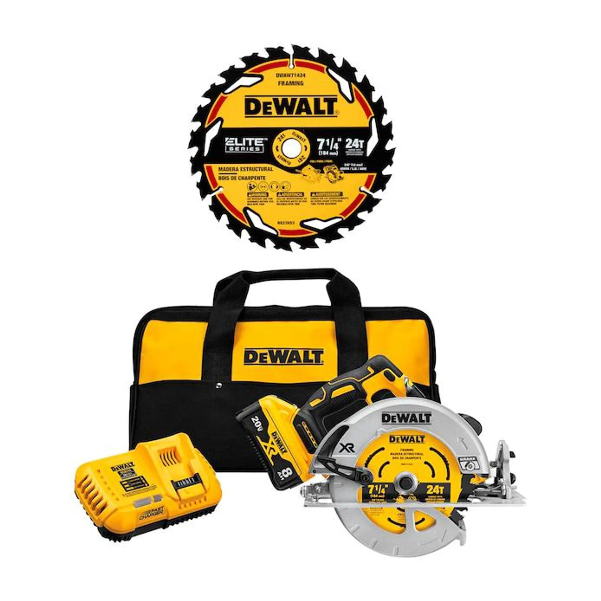 DEWALT XR POWER DETECT 20-Volt Max 7-1/4-in Brushless Cordless Circular Saw (1-Battery and Charger Included) & ELITE SERIES 7-1/4-in 24-Tooth Tungsten Carbide-tipped Steel Circular Saw Blade
