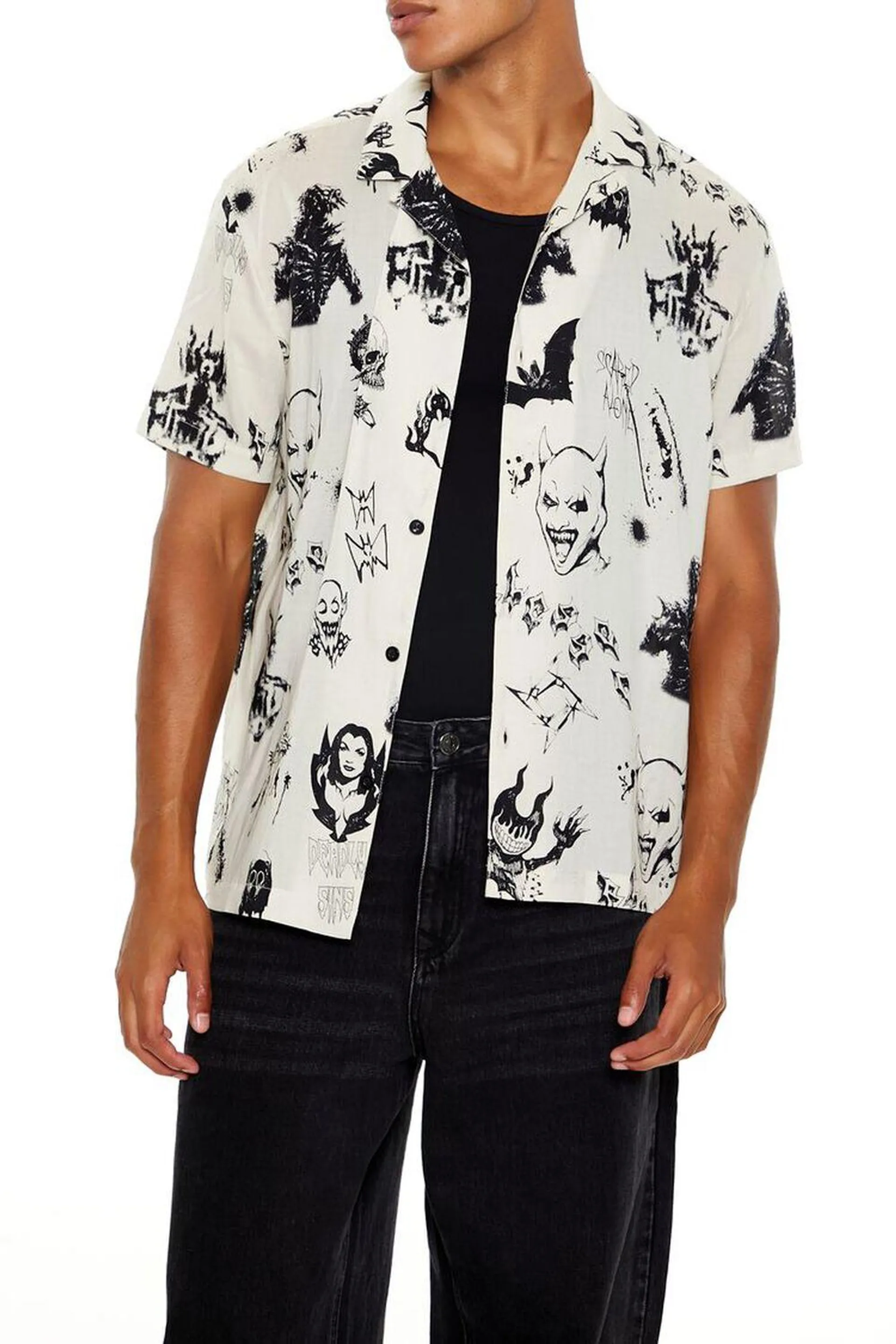 Monster Print Cuban Collar Shirt