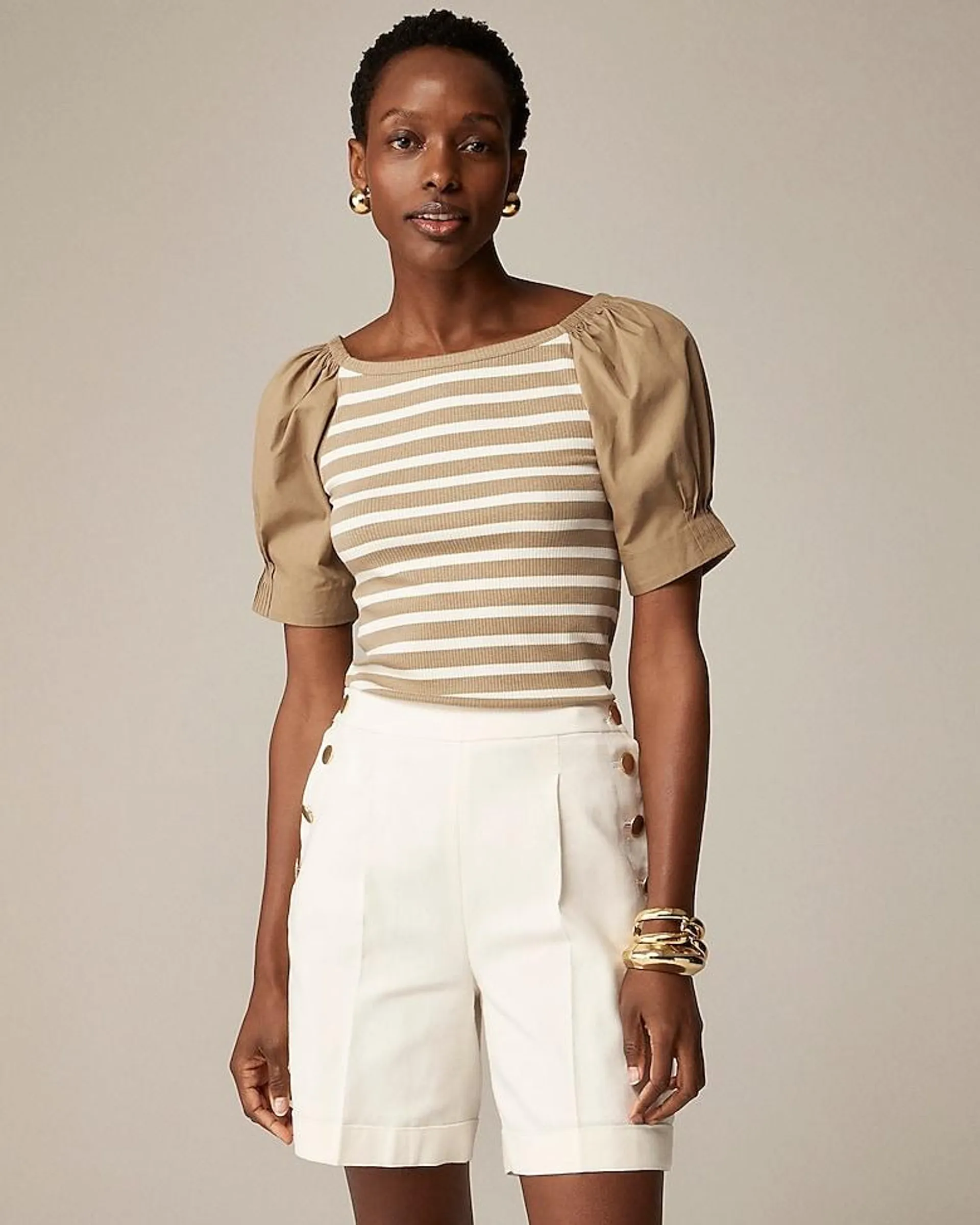 Vintage rib top with cotton poplin puff sleeves in stripe