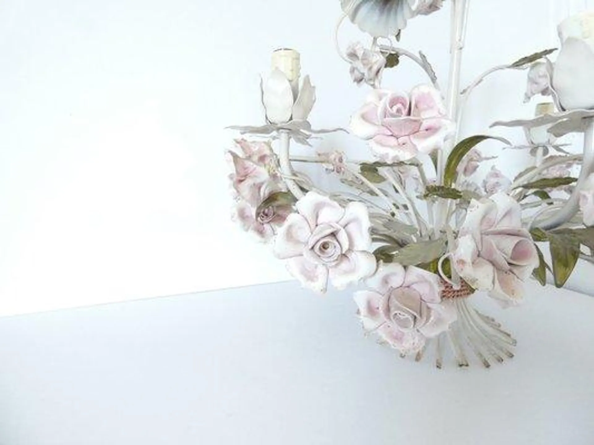 Vintage French Tole Chandelier with Porcelain Roses