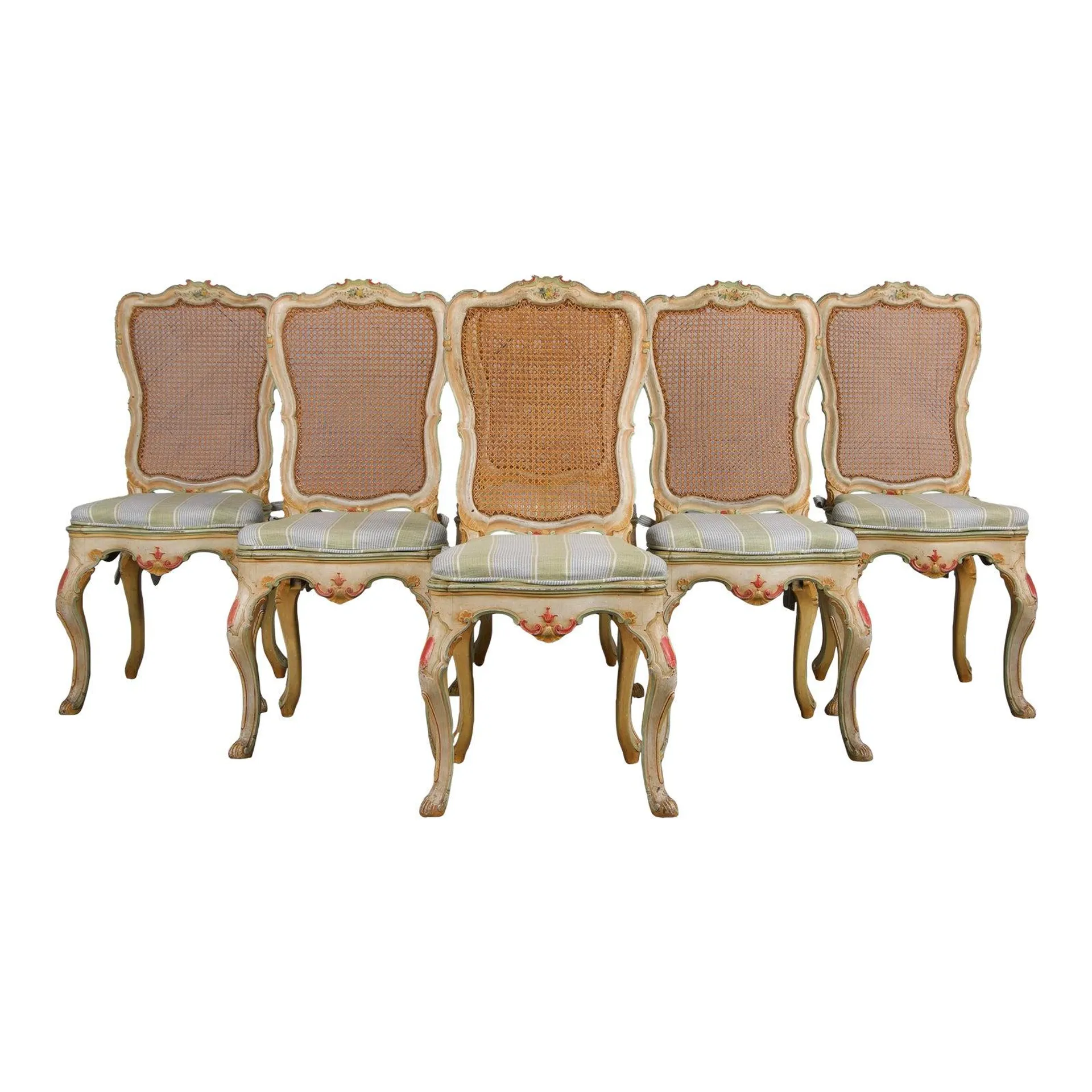 Early 19th Century French Louis XV Style Painted Cane Back Dining Chairs W/ Striped Linen - Set of 6