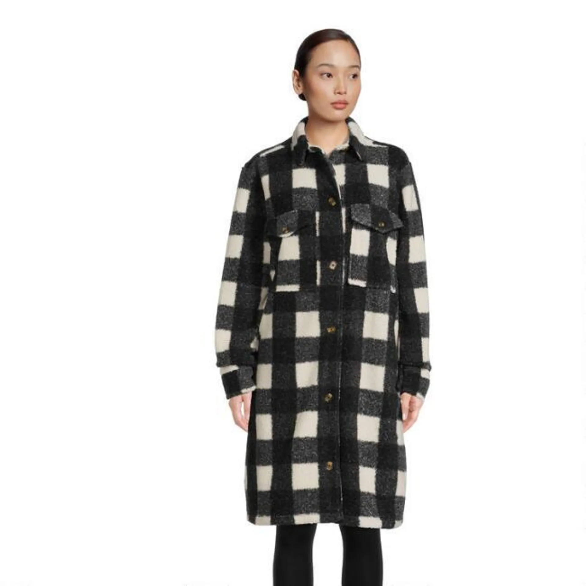 Black And White Plaid Sherpa Jacket With Pockets