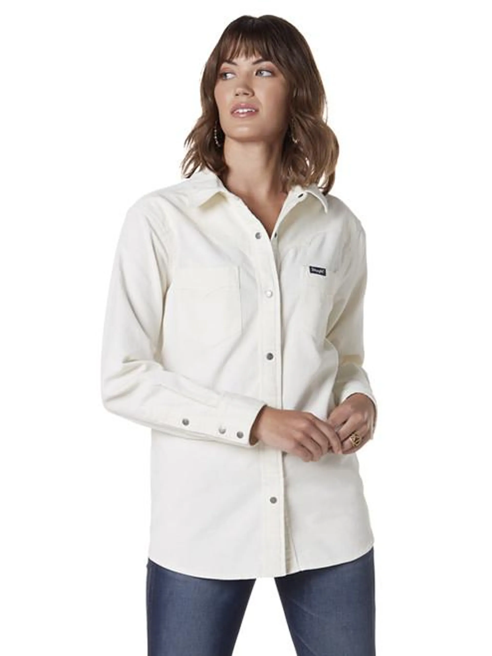 Wrangler Women's Long Sleeve Corduroy Snap Western Overshirt in White