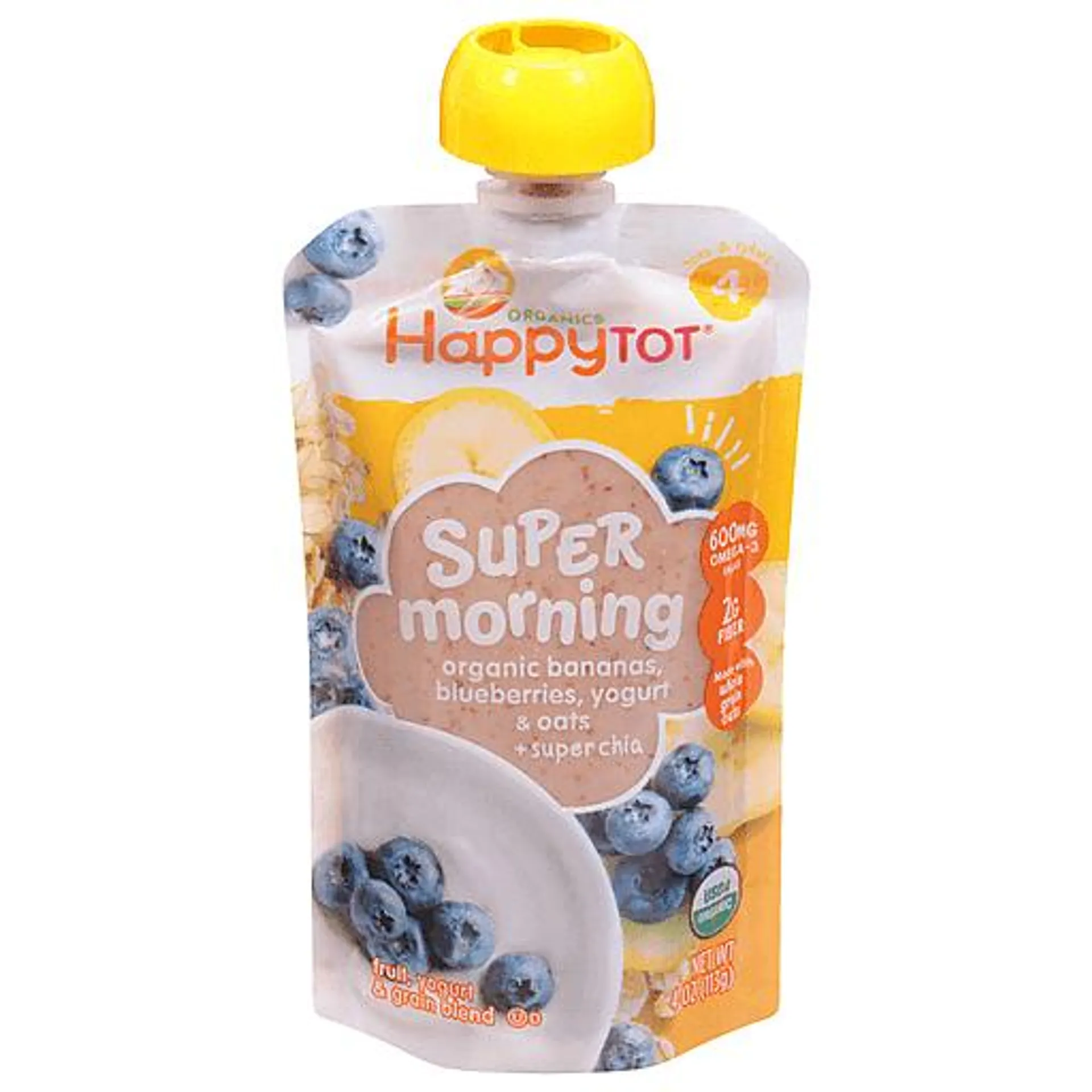 Happy Tot Organics Non-GMO Super Morning Bananas Blueberries Yogurt &amp; Oats + Super Chia Stage 4 Baby Food 4 oz bag